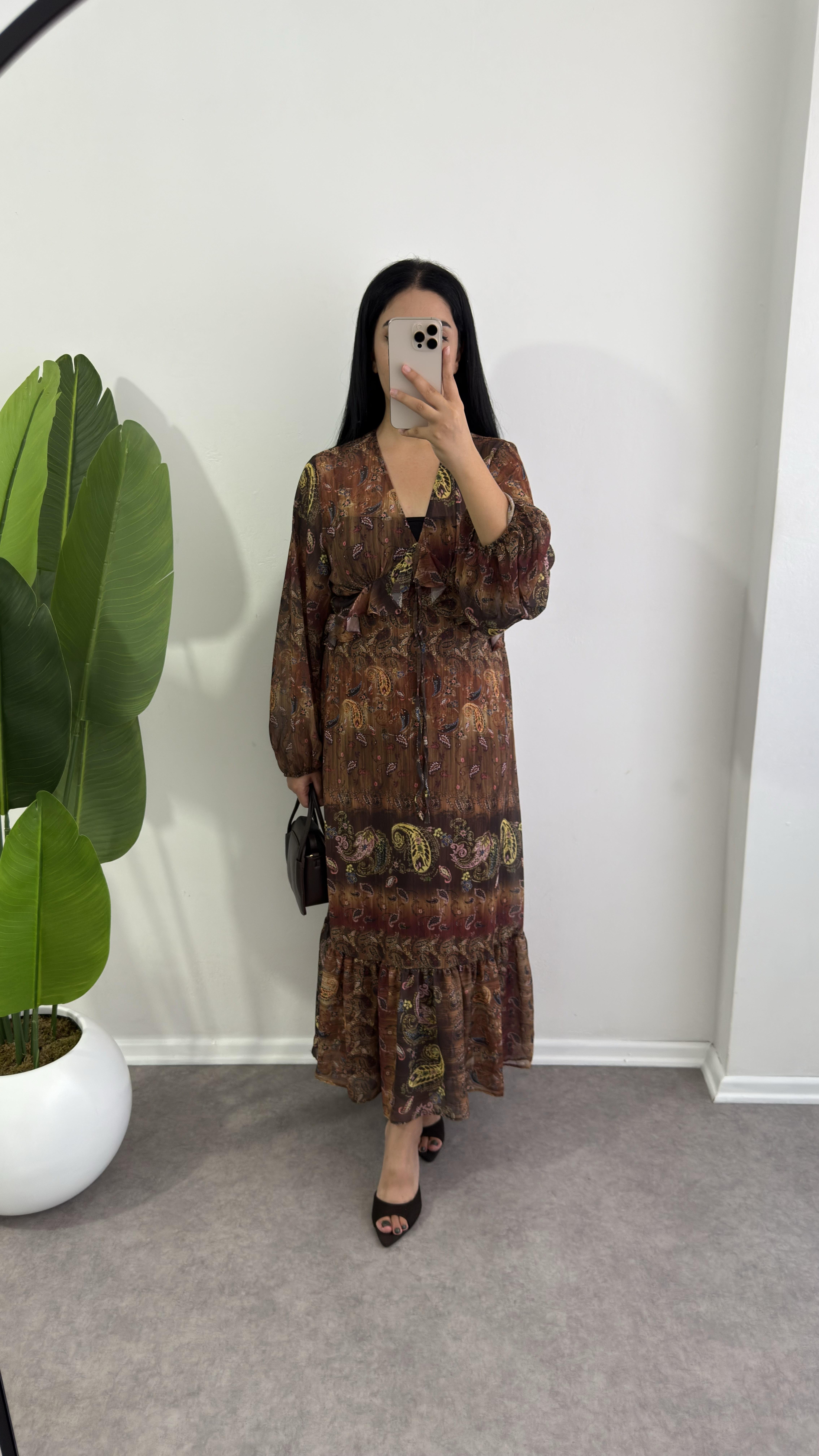 Şifon Lef Kahverengi Elbise