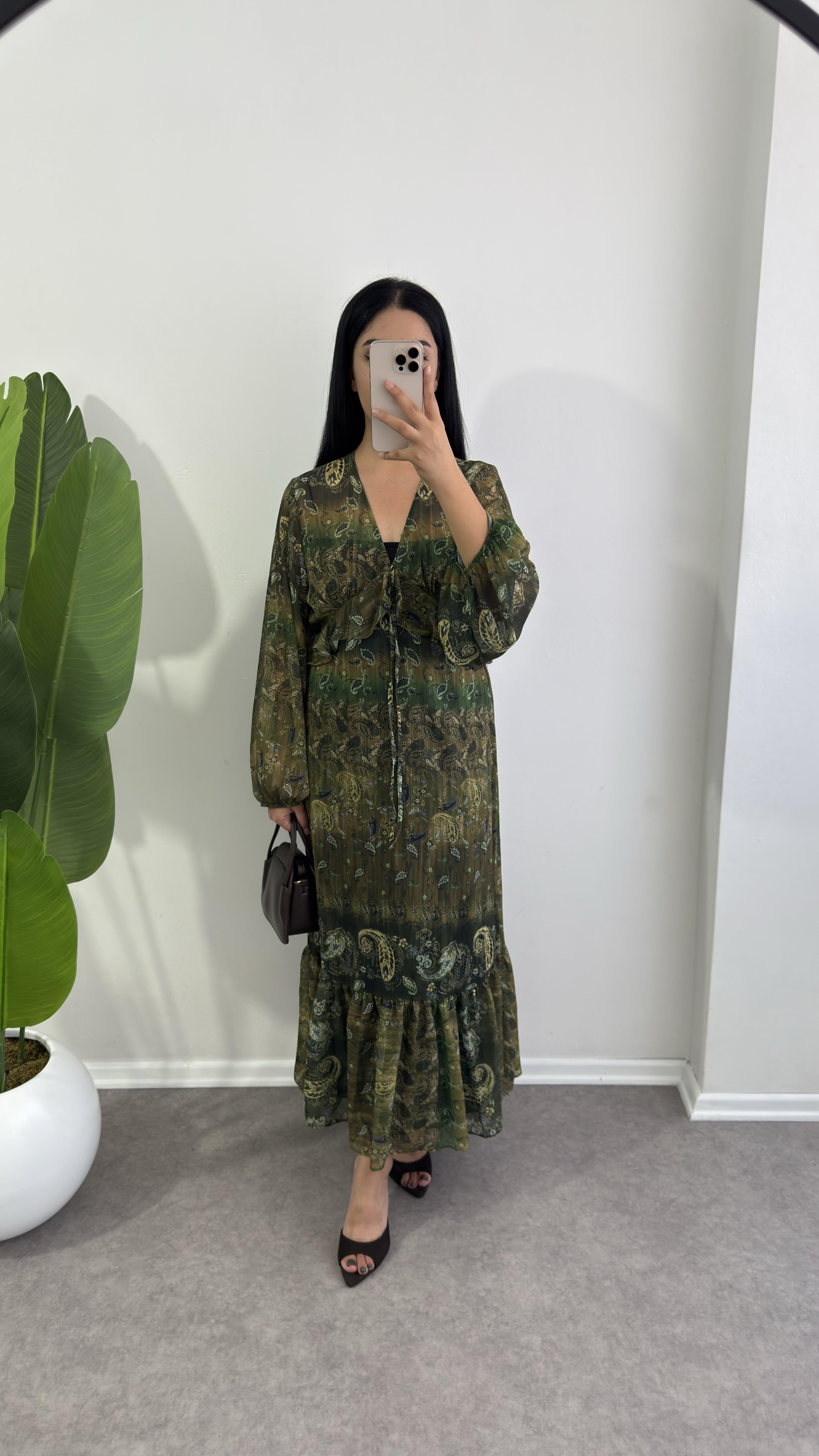 Şifon Lef Yeşil Elbise