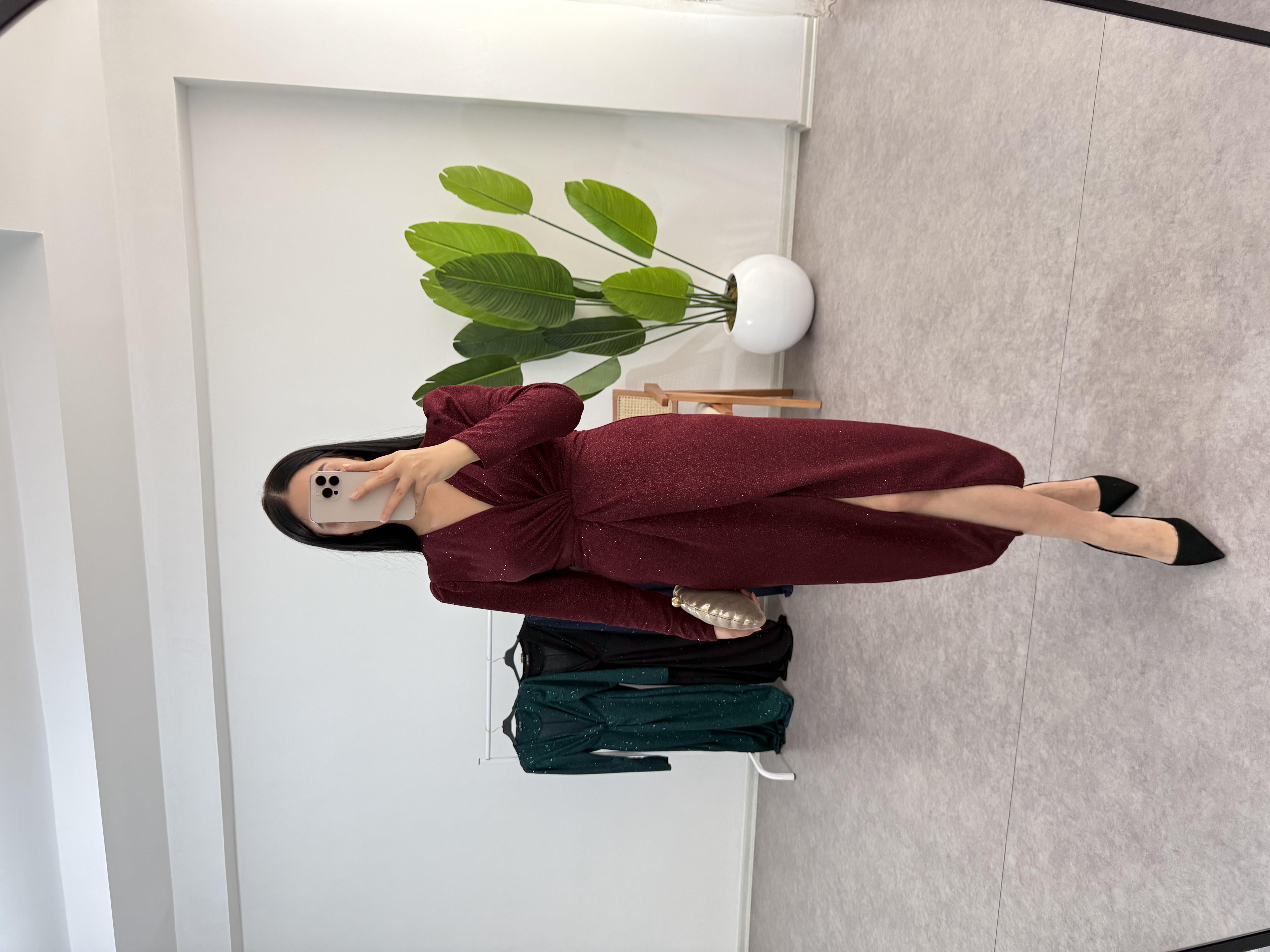 Simli Bordo Desi Elbise