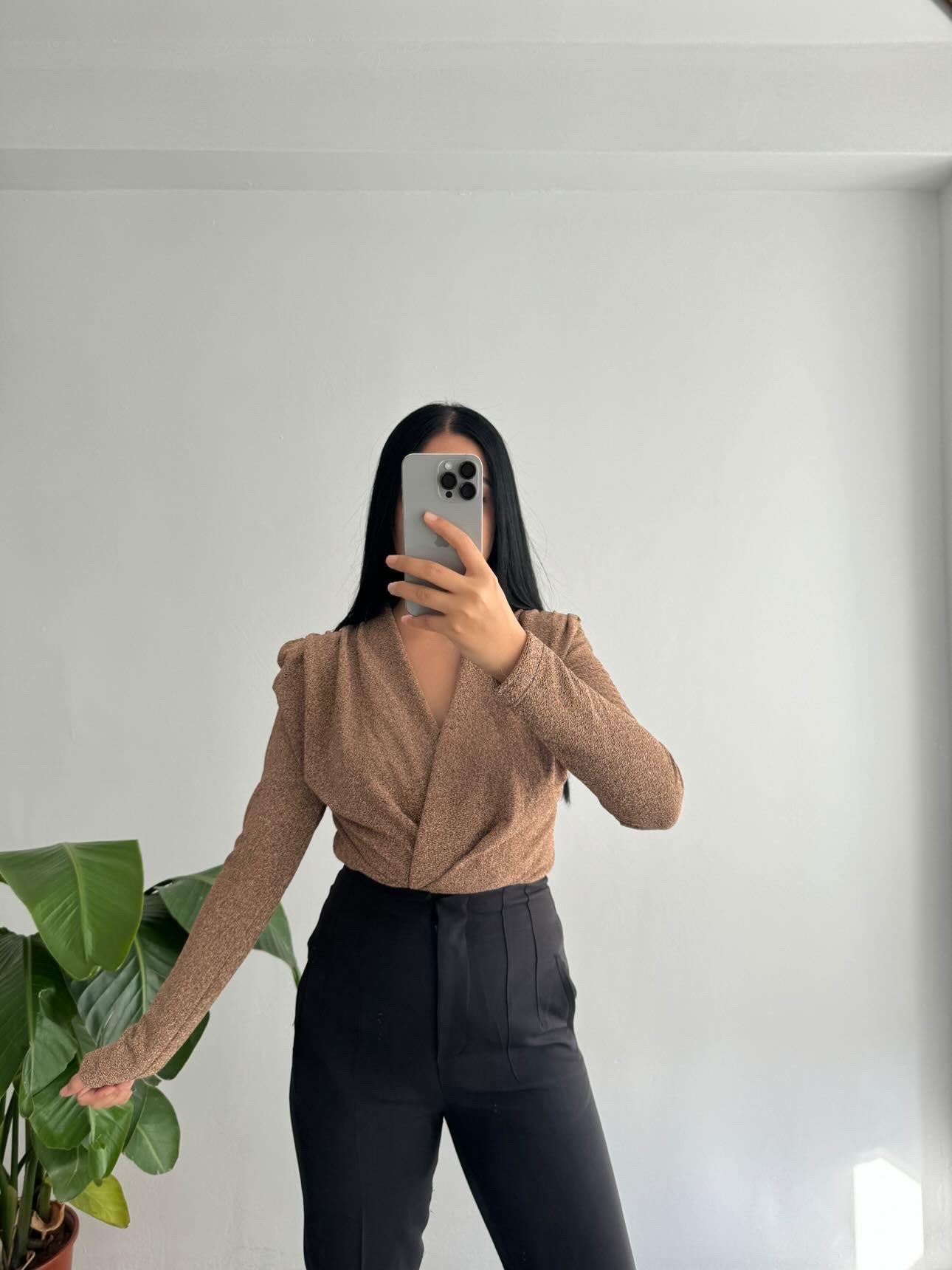 Simli kruvaze bluz gold