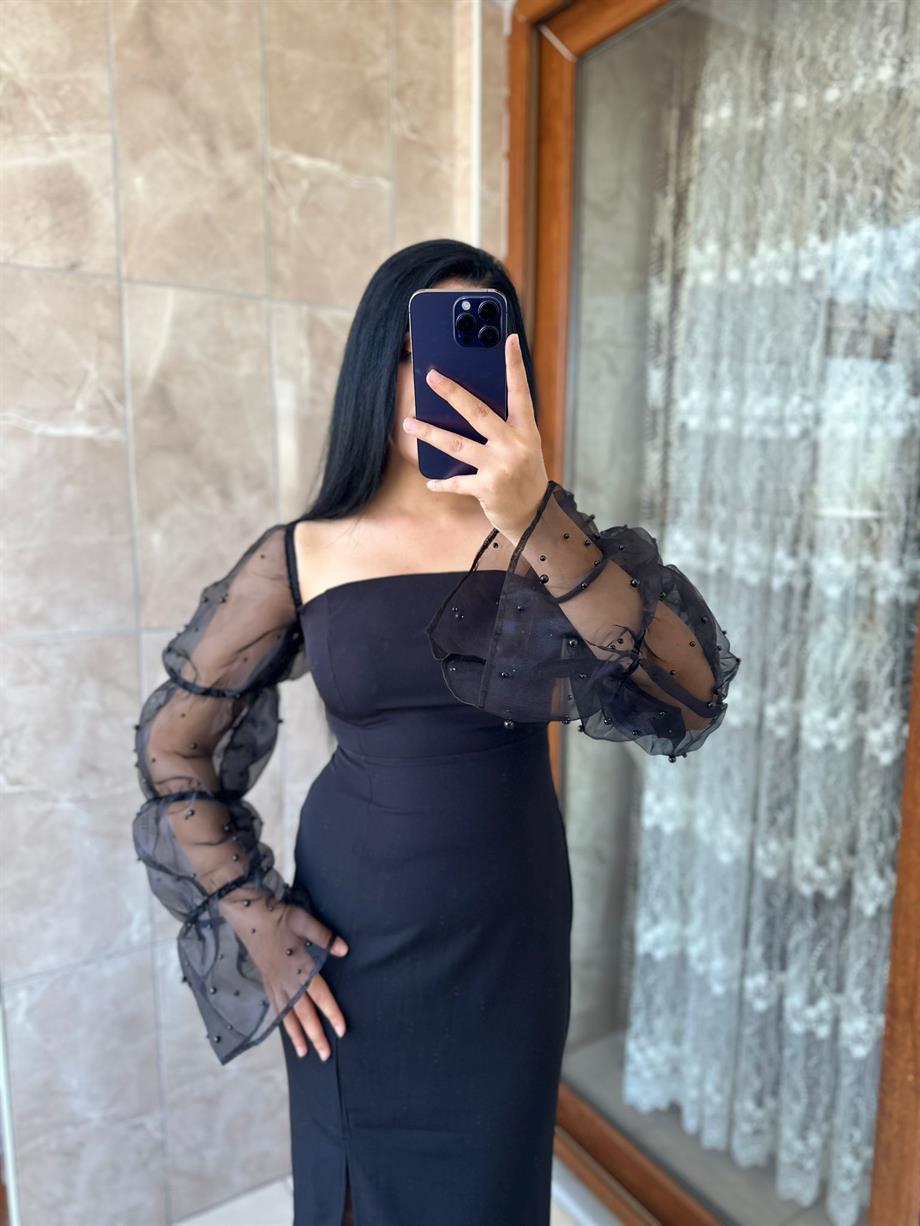 SİYAH TÜL KOL ELBİSE