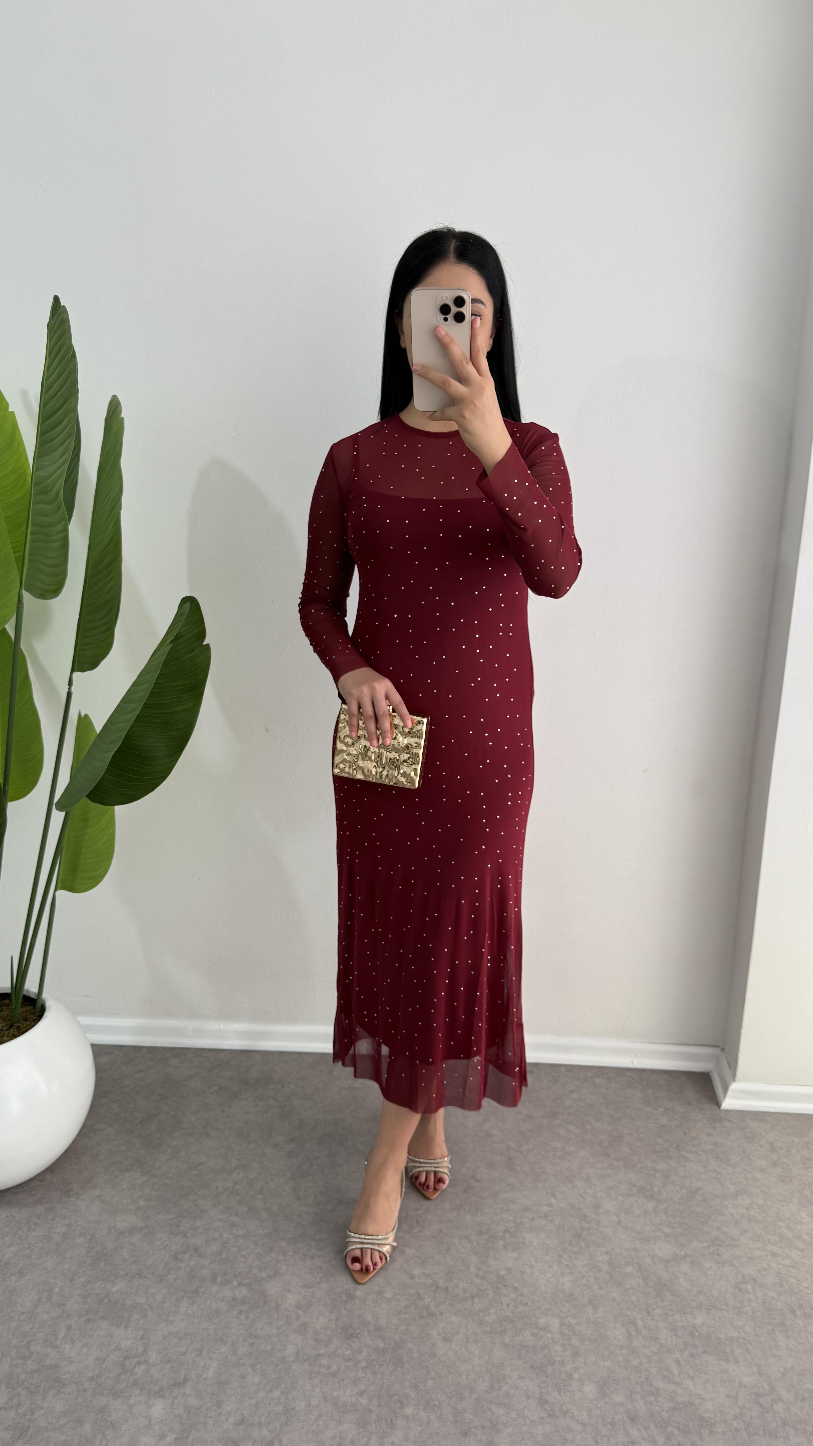 Sobeli Taşlı Trasparan Bordo Elbise