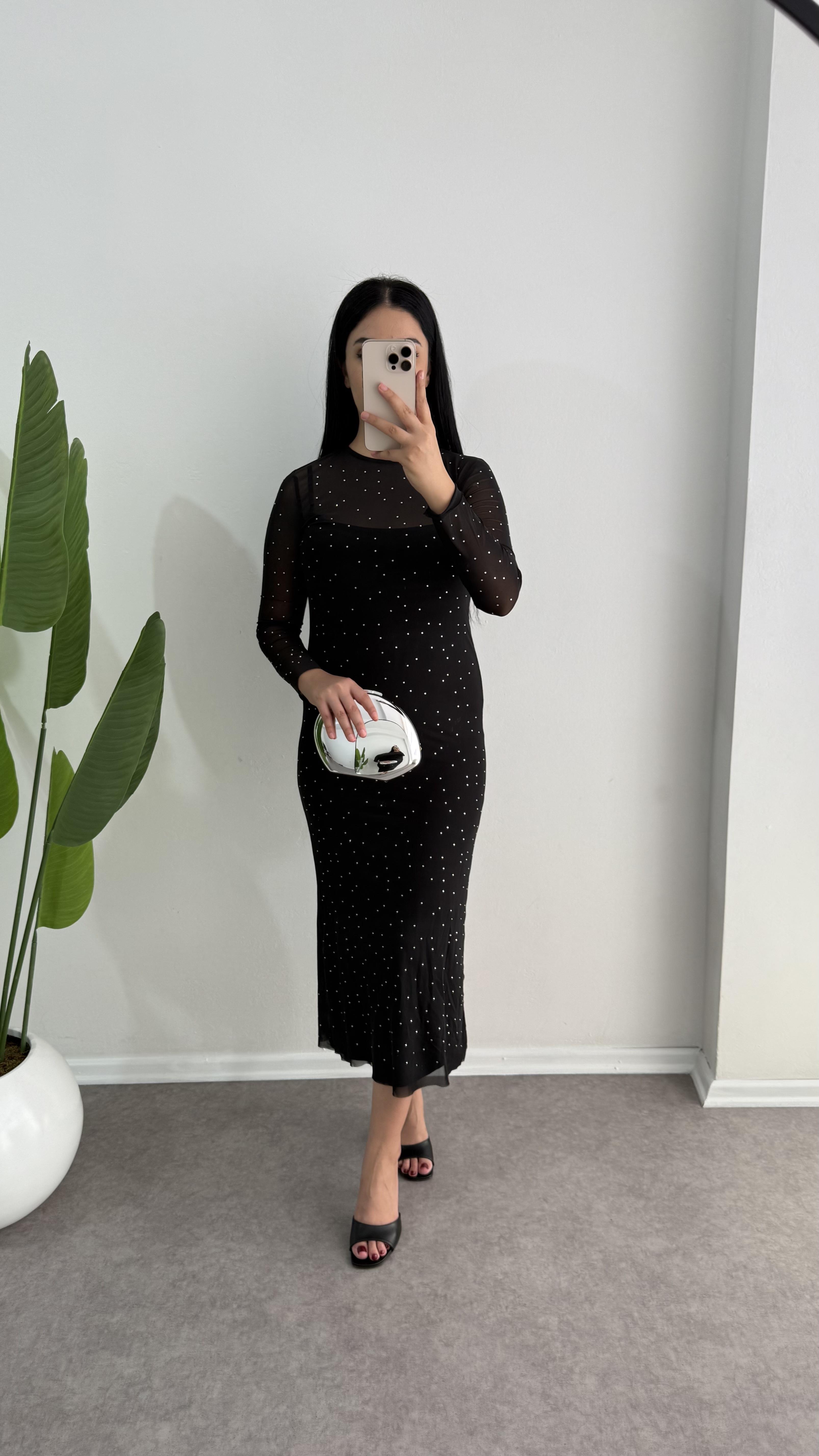 Sobeli Taşlı Trasparan Siyah Elbise