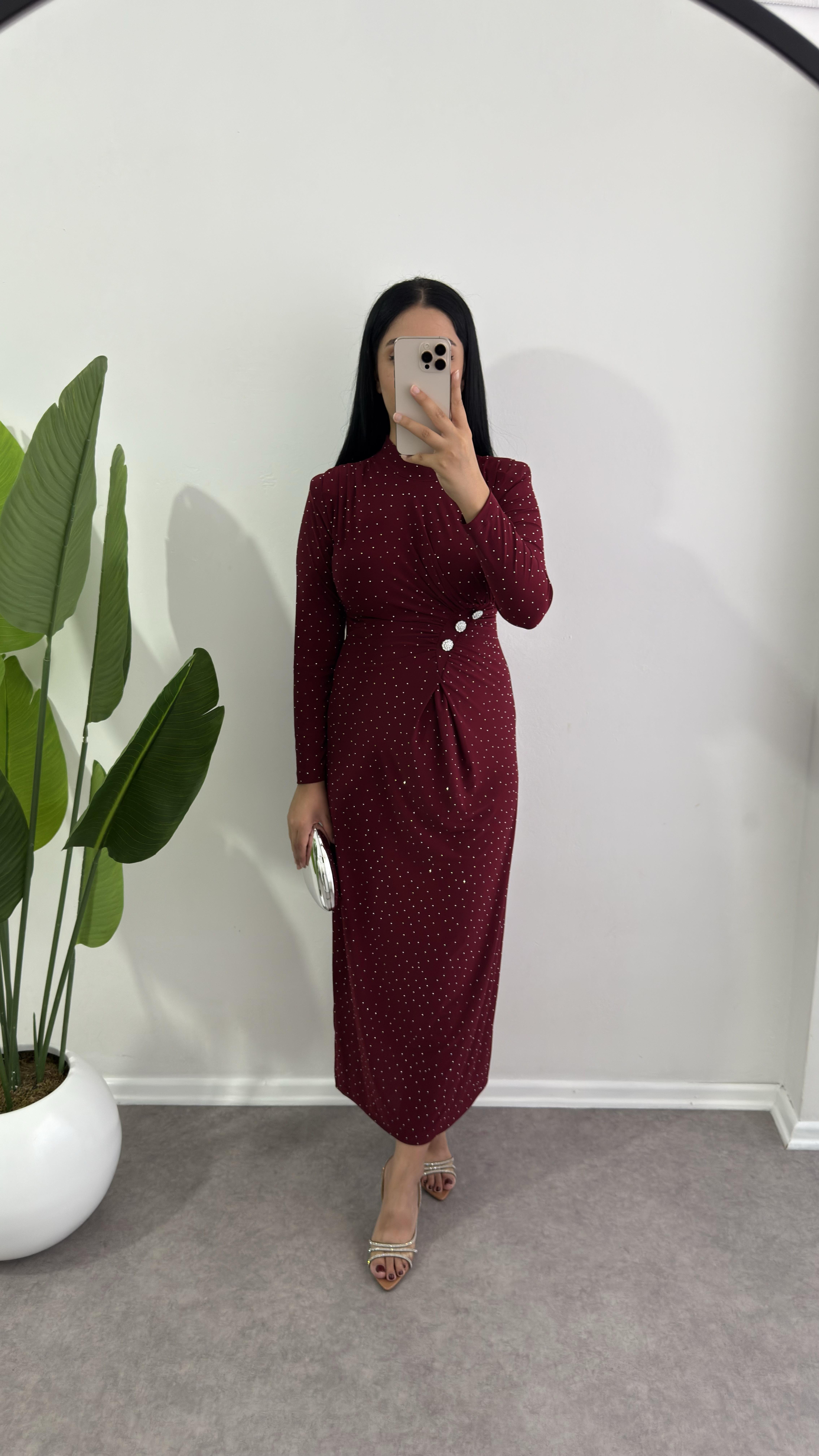 Taşlı Berzi Bordo Elbise