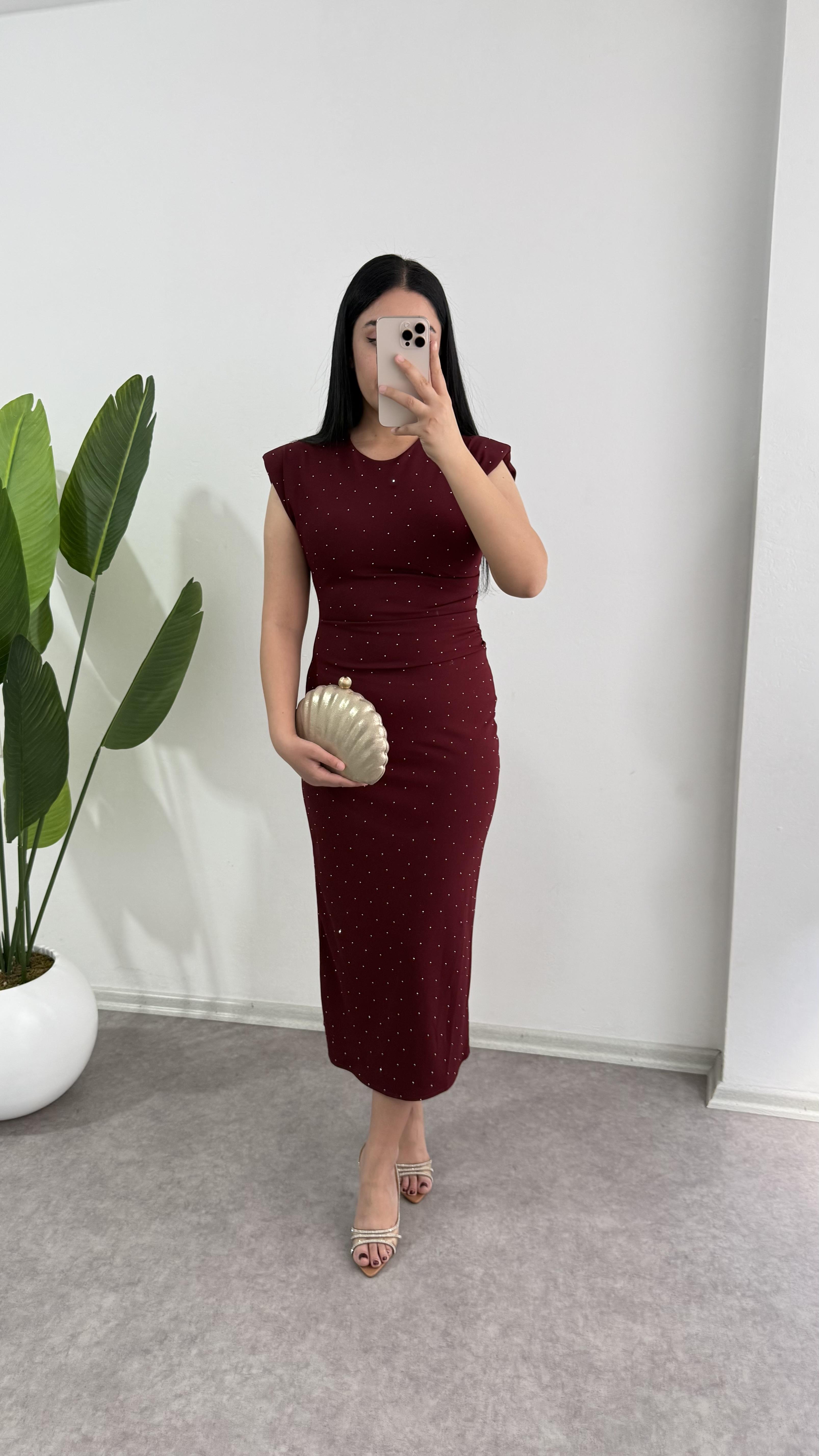 Taşlı Krep Kumaş Bordo Elbise 