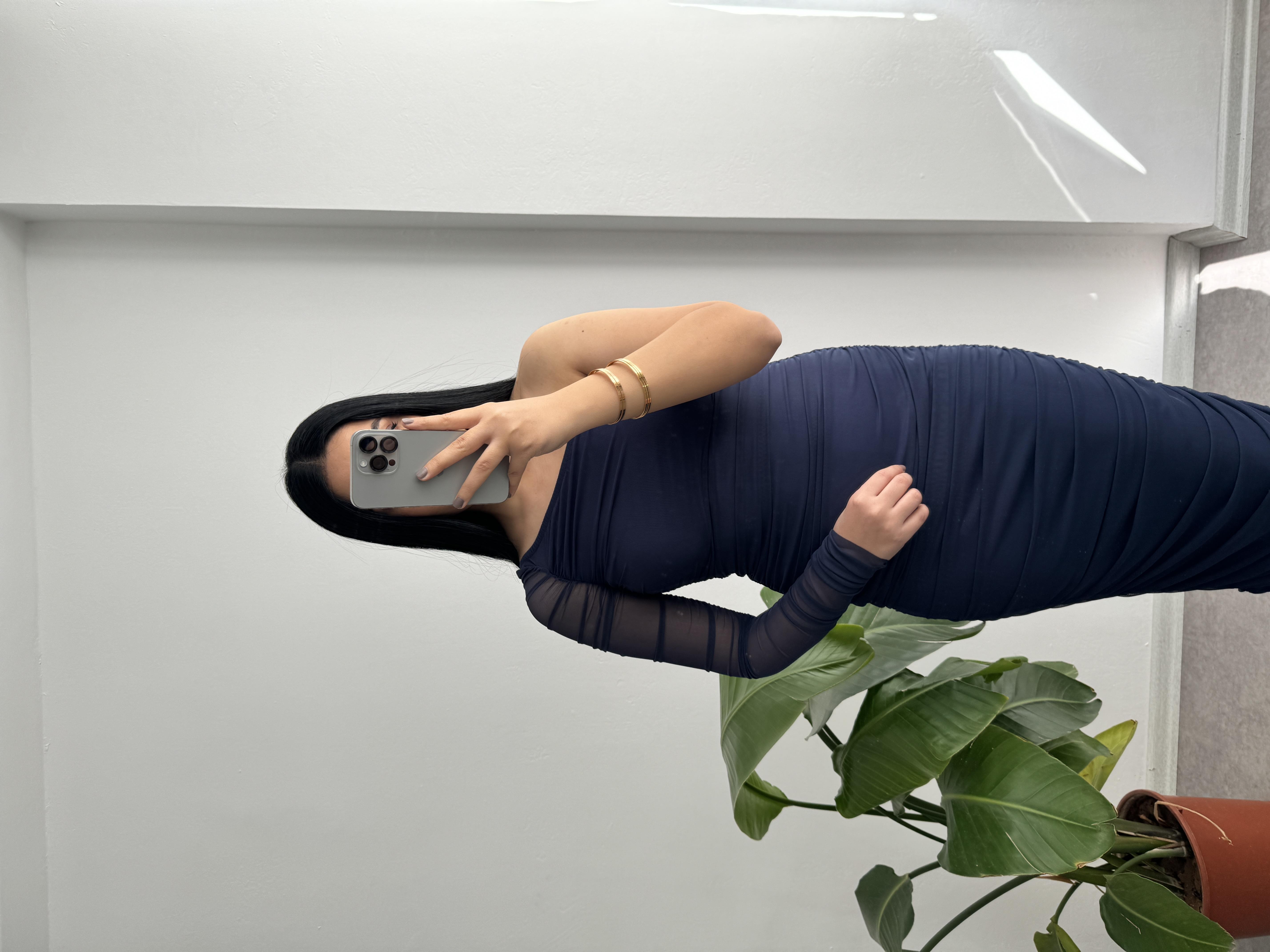 Tek Kol Drapeli Lacivert Elbise