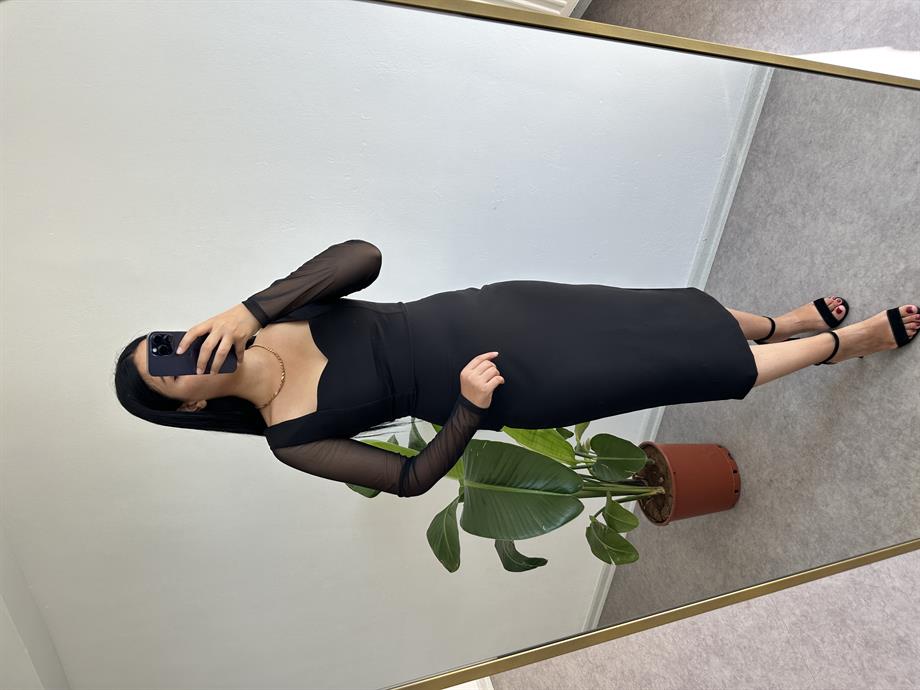 Tül kol atlas kumaş elbise