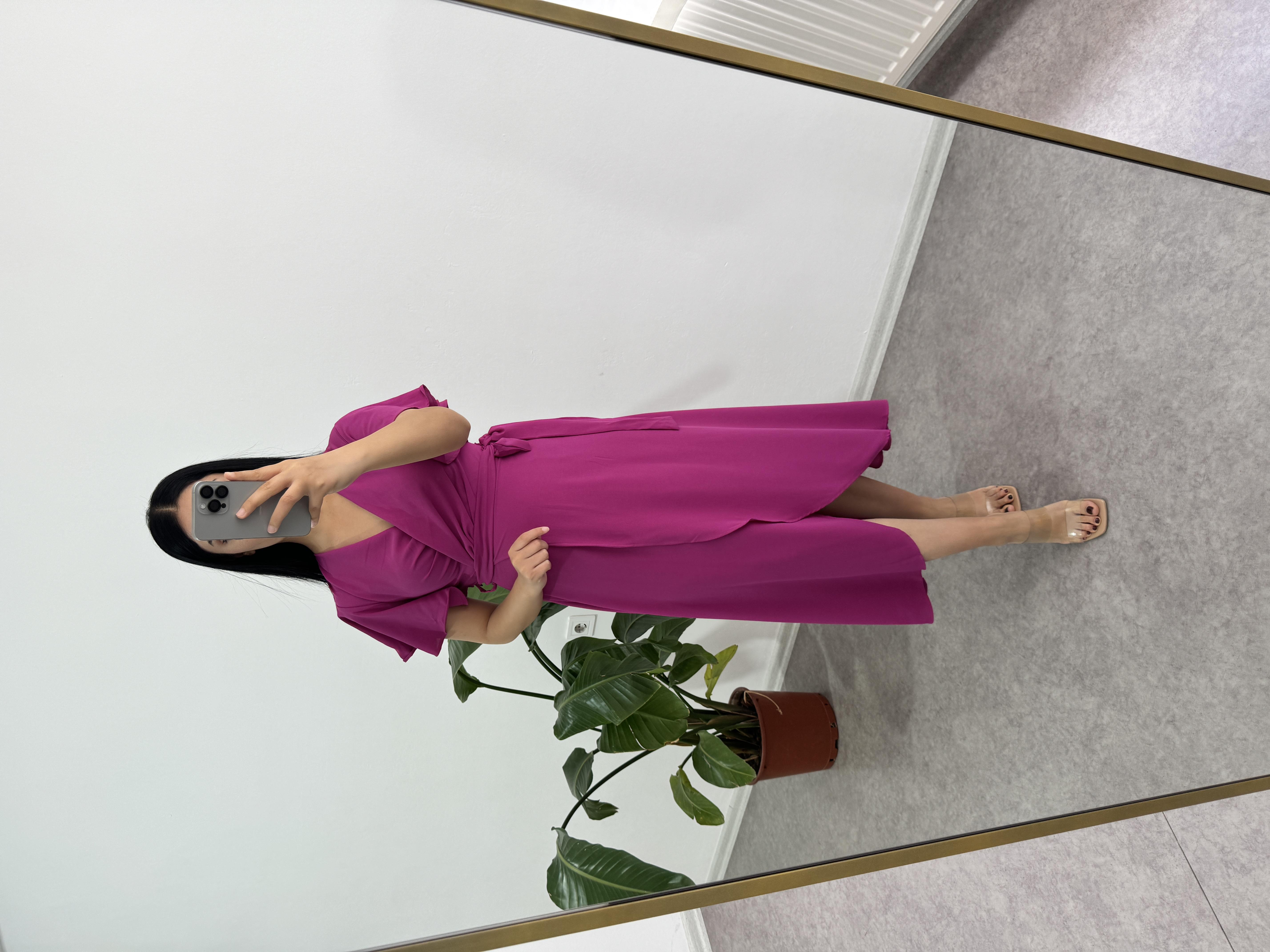 Volanlı Kol Fuşya Elbise