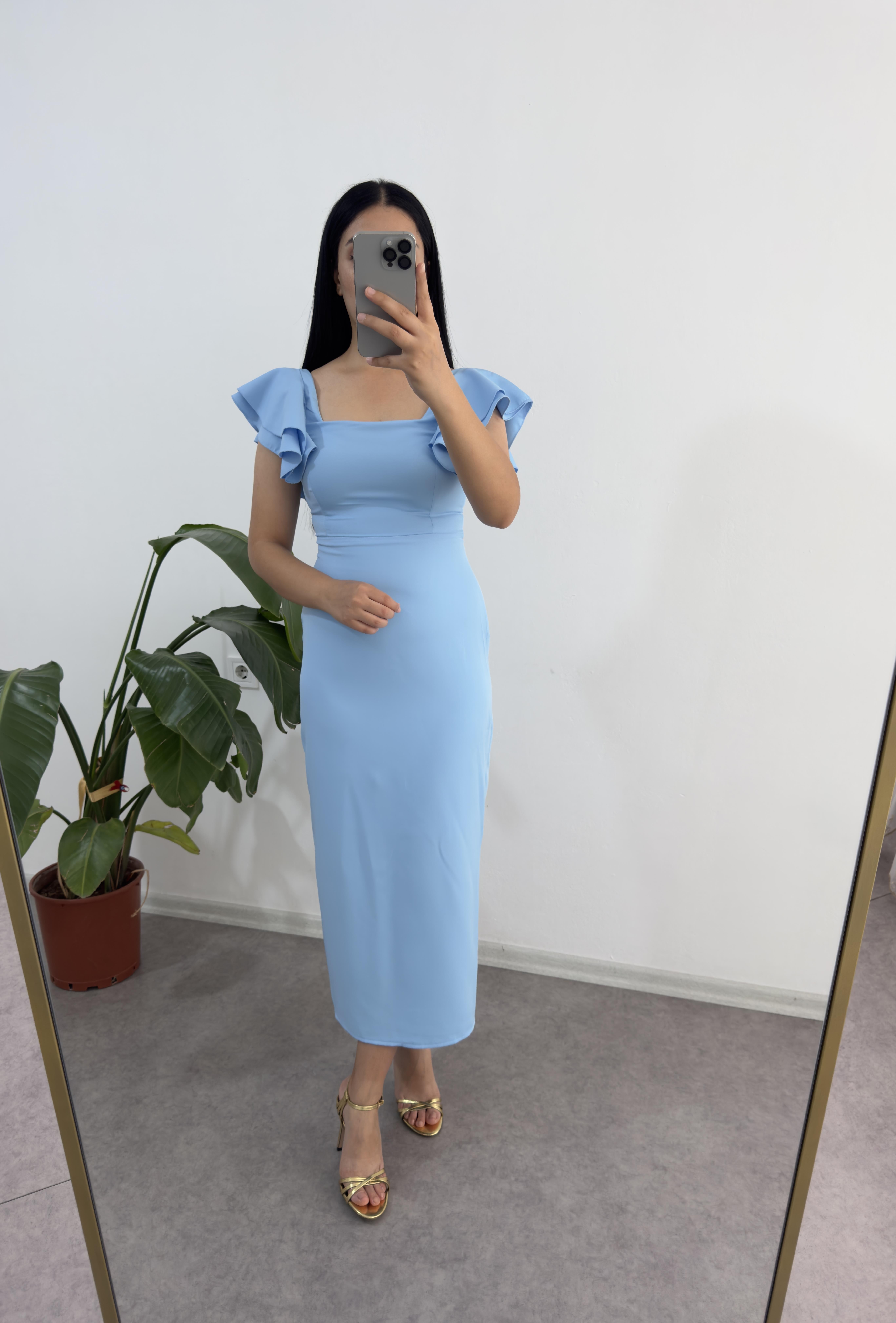 Volanlı Kol Mavi Elbise