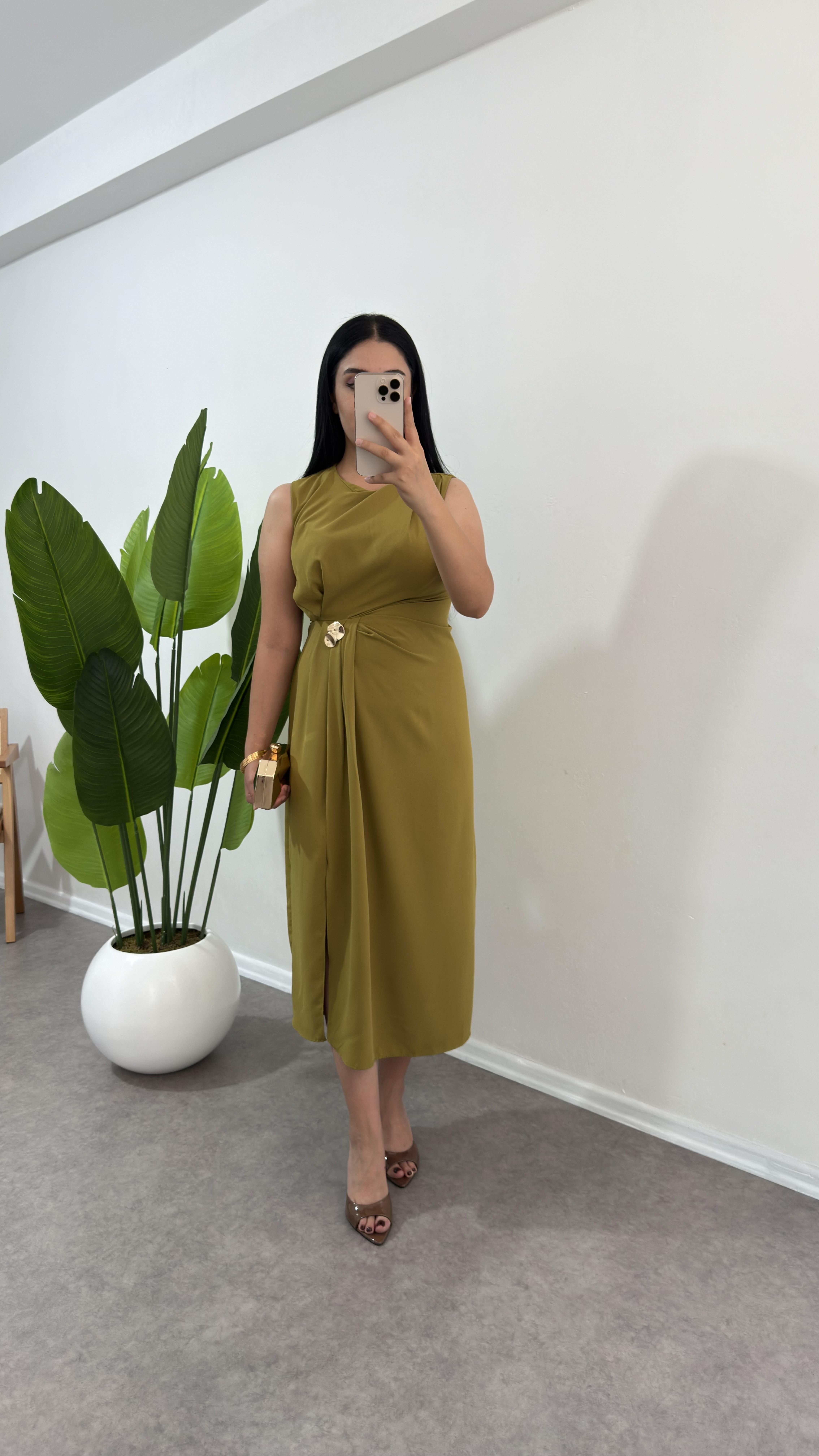 Yağ Yeşili Lisa Elbise