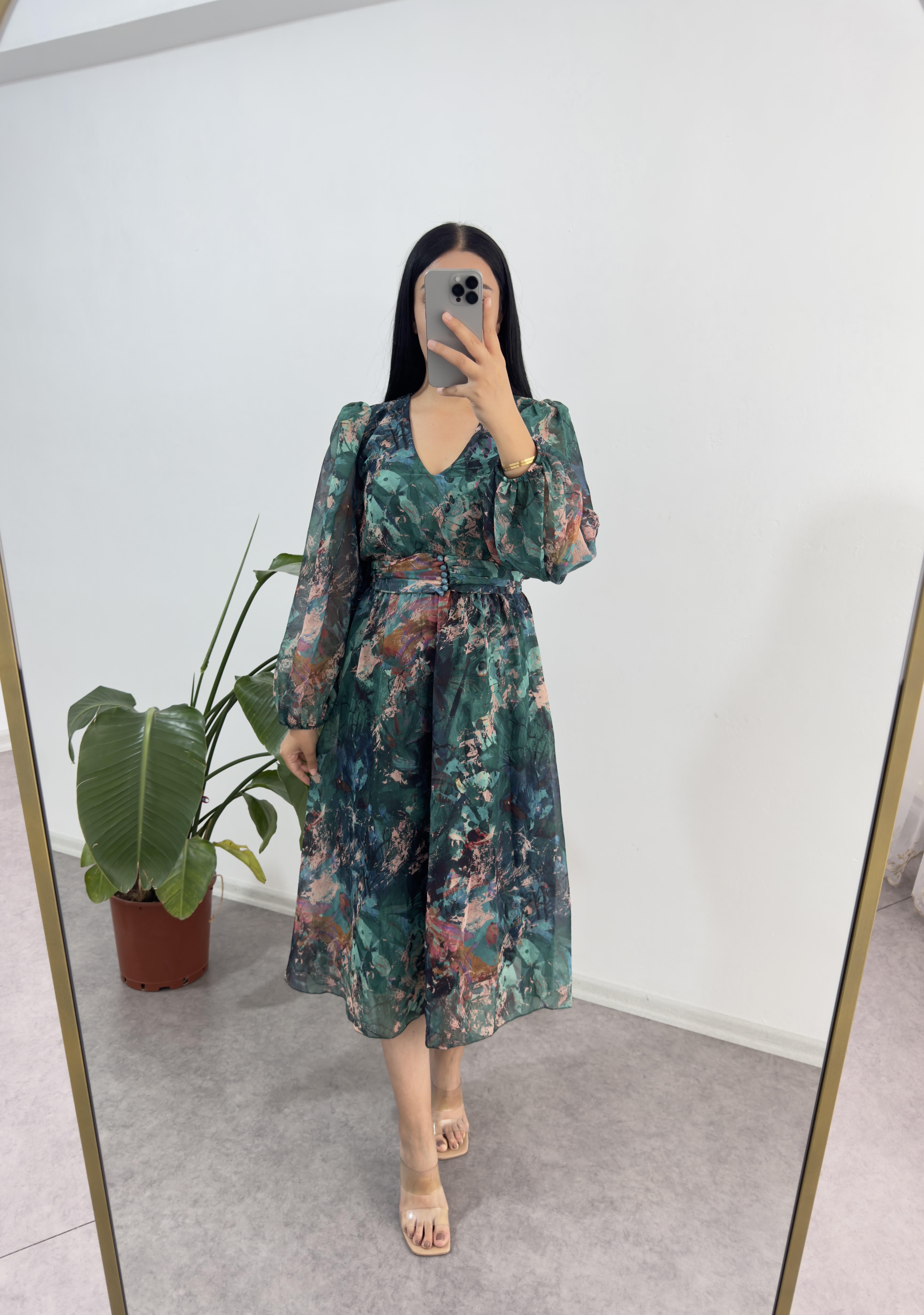 Yeşil Şifon Astarlı Elbise