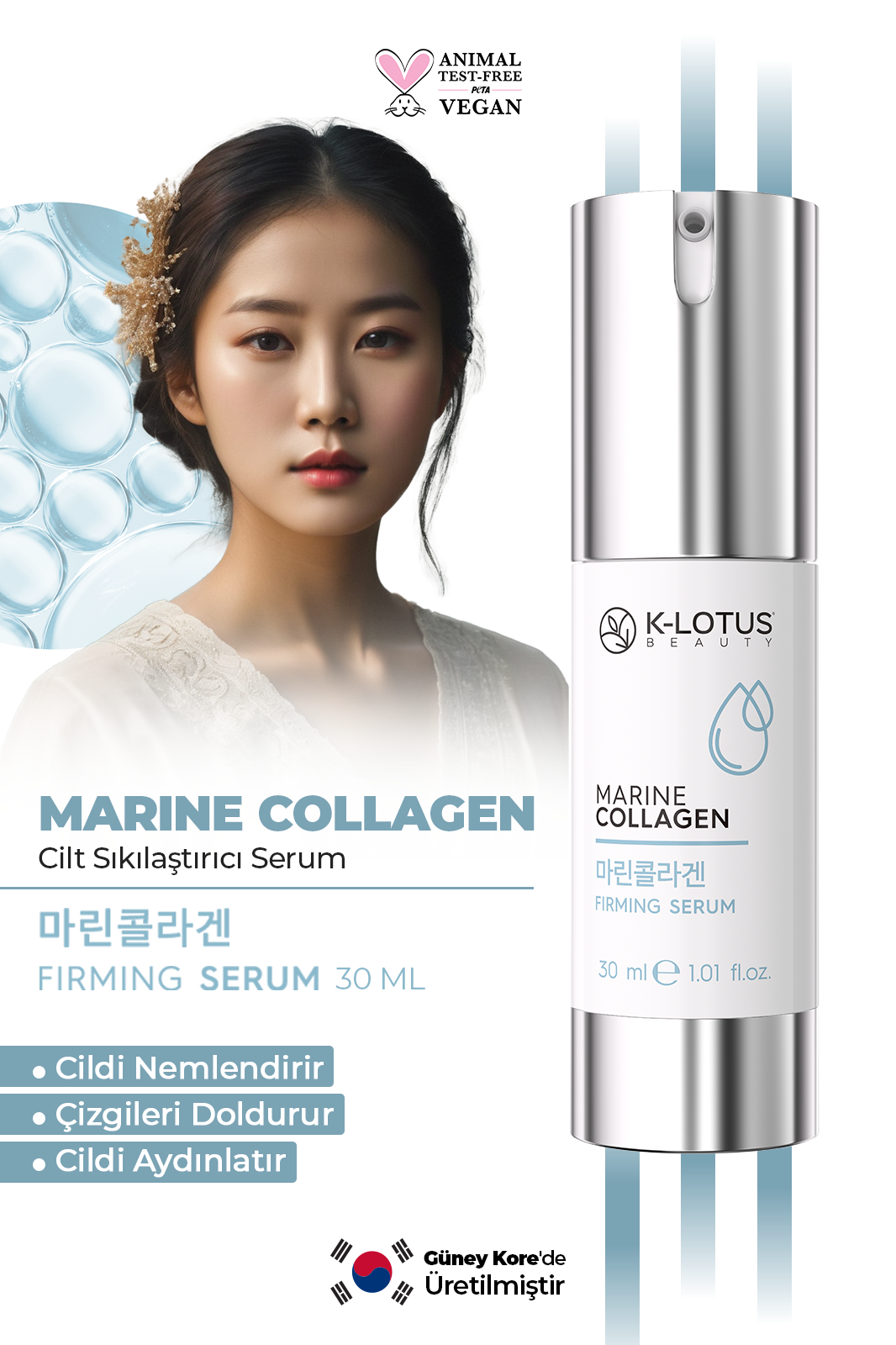 Yaşlanma Karşıtı, Kırışıklık Giderici, Sıkılaştırma ve Nemlendirme Etkili Marine Collagen Serum 30ml