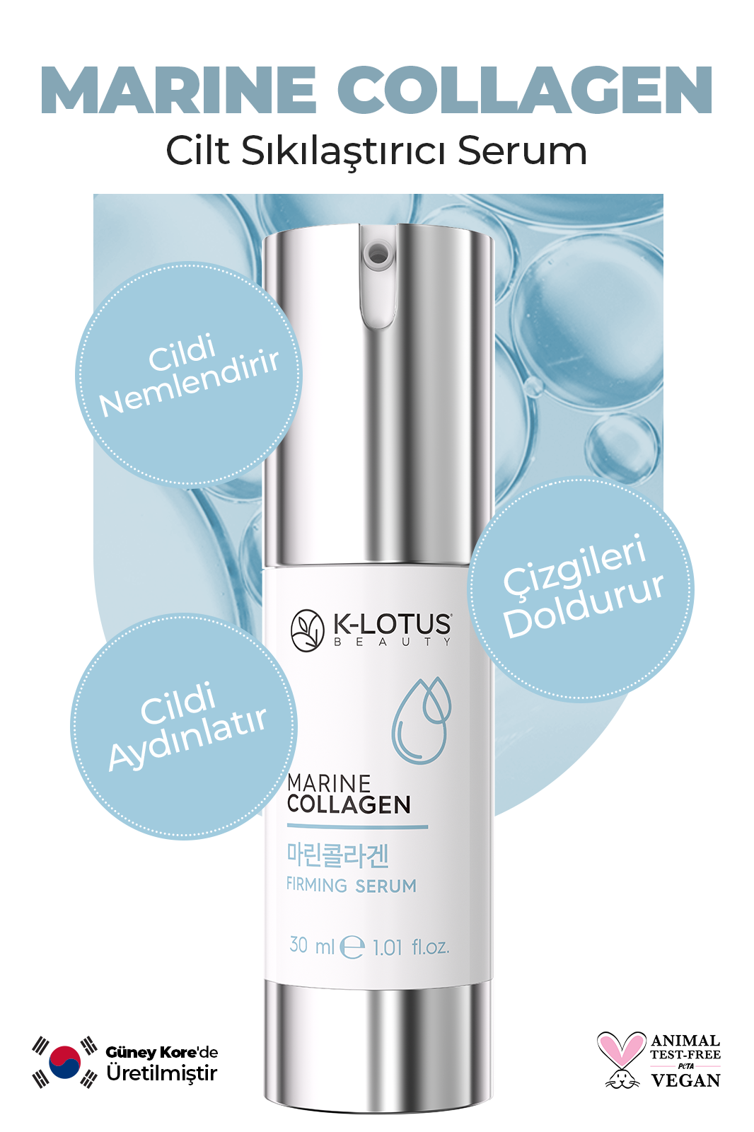 Yaşlanma Karşıtı, Kırışıklık Giderici, Sıkılaştırma ve Nemlendirme Etkili Marine Collagen Serum 30ml