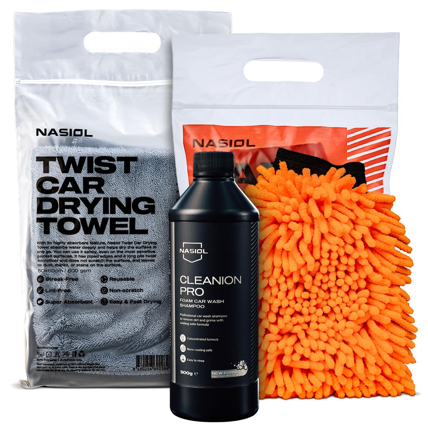 Nasiol Car Wash Package-Car Wash Shampoo, Car Drying Towel, Car Wash Glove-25 Wash