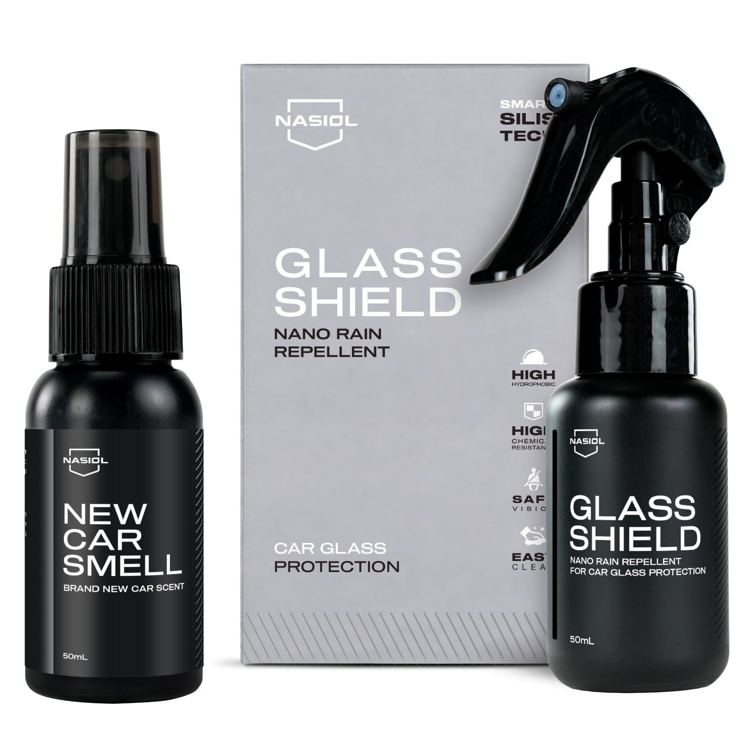 Nasiol Glasshield Nano Rain Repellent and New Car Smell Car Scent Set of 2-Advantage Package