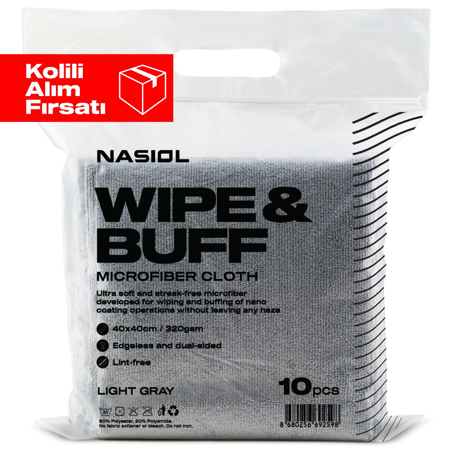 Nasiol Wipe&Buff Mikrofiber Seramik Kaplama Detailing Bezi 10'lu-Açık Gri-35x40cm-320gsm 10'lu Set (Kolili)