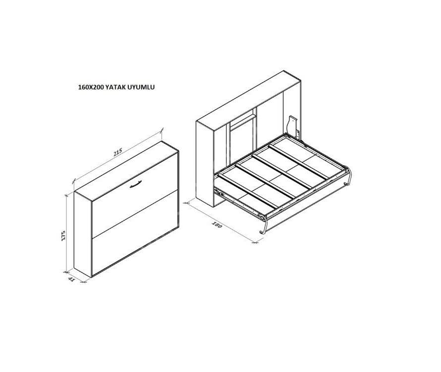 Katlanır Duvar Yatak Mekanizması 160x200 Yatay Açılır Mekanizma Takım