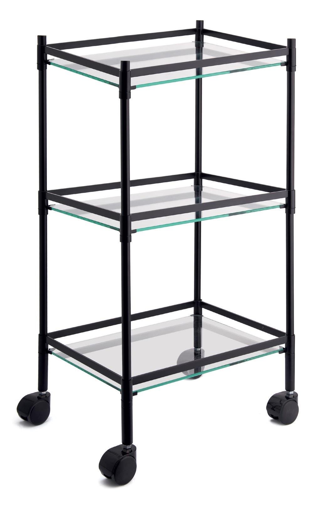 Mat Siyah Tekerlekli Camlı Banyo Sehpası 3 raflı