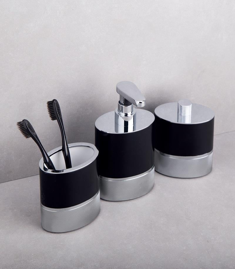 Oval Krom Siyah Sıvı Sabunluk Diş Fırçalık Pamukluk Seti
