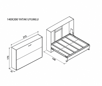 Katlanır Duvar Yatak Mekanizması 140x200 Yatay Açılır Mekanizma Takım