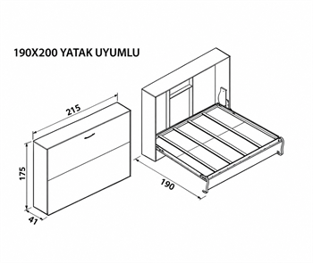 Katlanır Duvar Yatak Mekanizması 190x200 Yatay Açılır Mekanizma Takım