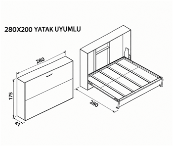 Katlanır Duvar Yatak Mekanizması 280x200 Yatay Açılır Mekanizma Takım