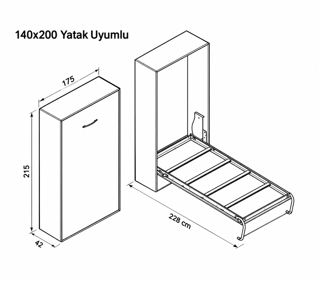 Katlanır Duvar Yatak Mekanizması 140x200 Dikey Açılır Mekanizma Takım
