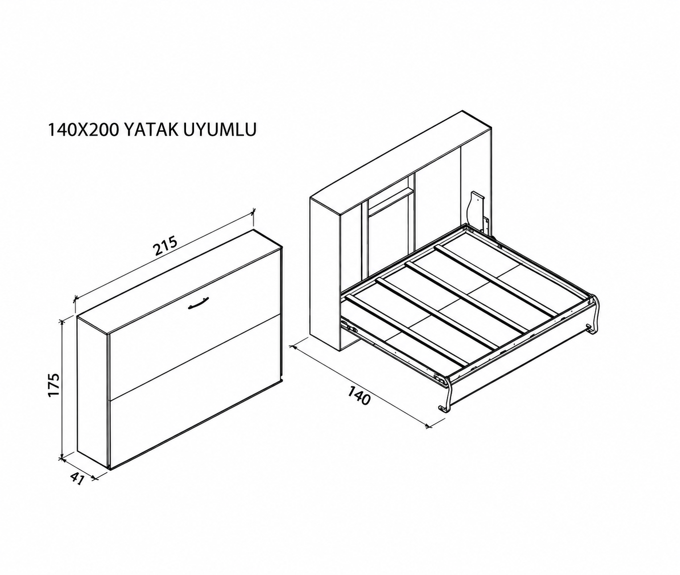 Katlanır Duvar Yatak Mekanizması 140x200 Dikey Açılır Mekanizma Takım