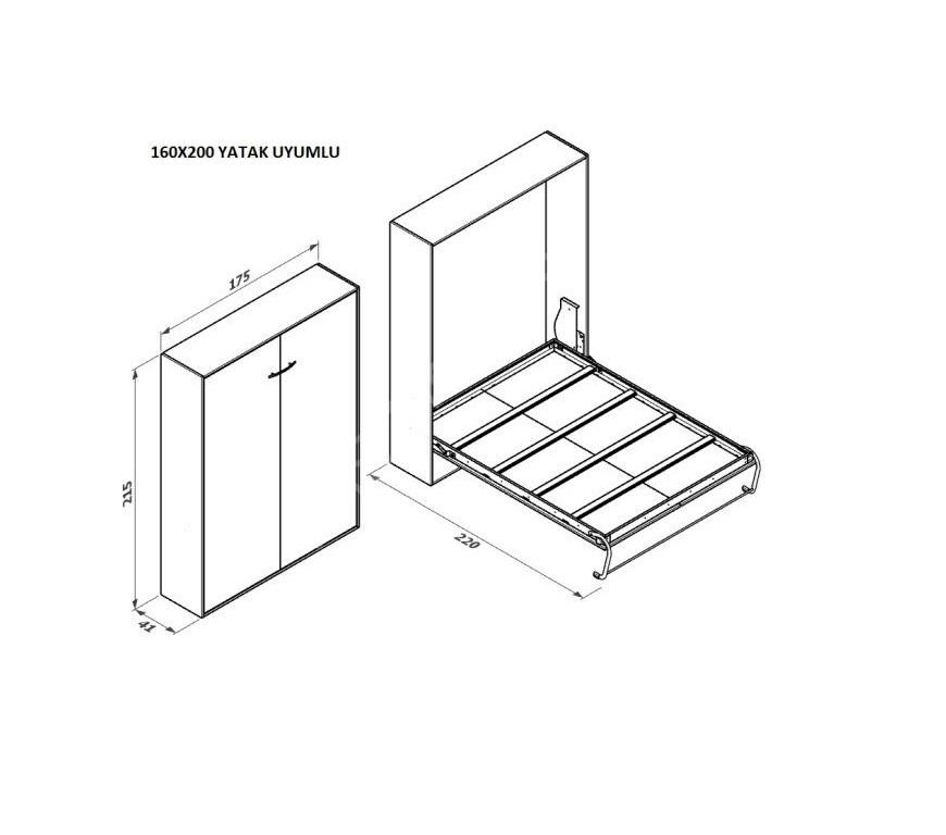 Katlanır Duvar Yatak Mekanizması 160x200 Dikey Açılır Mekanizma Takım