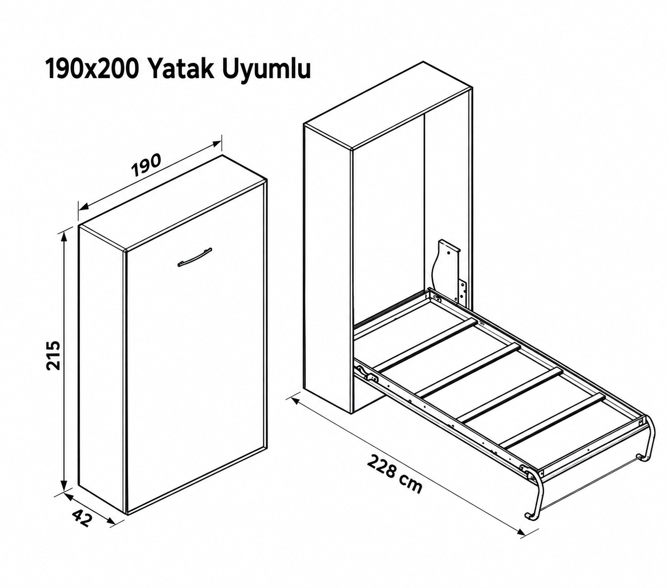 Katlanır Duvar Yatak Mekanizması 190x200 Dikey Açılır Mekanizma Takım
