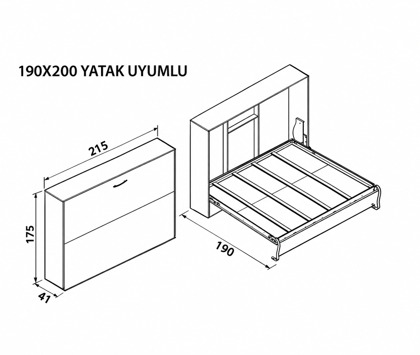 Katlanır Duvar Yatak Mekanizması 190x200 Yatay Açılır Mekanizma Takım
