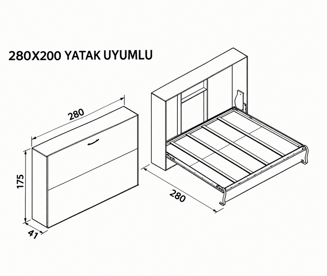 Katlanır Duvar Yatak Mekanizması 280x200 Dikey Açılır Mekanizma Takım