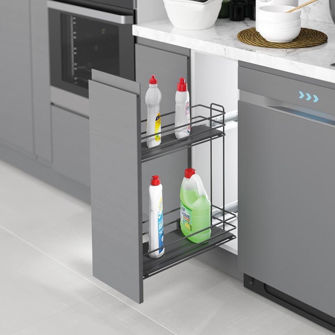 Tezgah Altı Ahşap Tabanlı Gizli Blum Tandem Raylı Şişelik-Deterjanlık Antrasit S2880-S2881