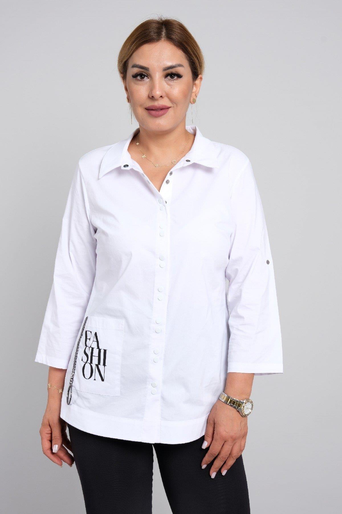 Çift düğmeli, aksesuar detaylı cep baskılı uzun kollu gömlek