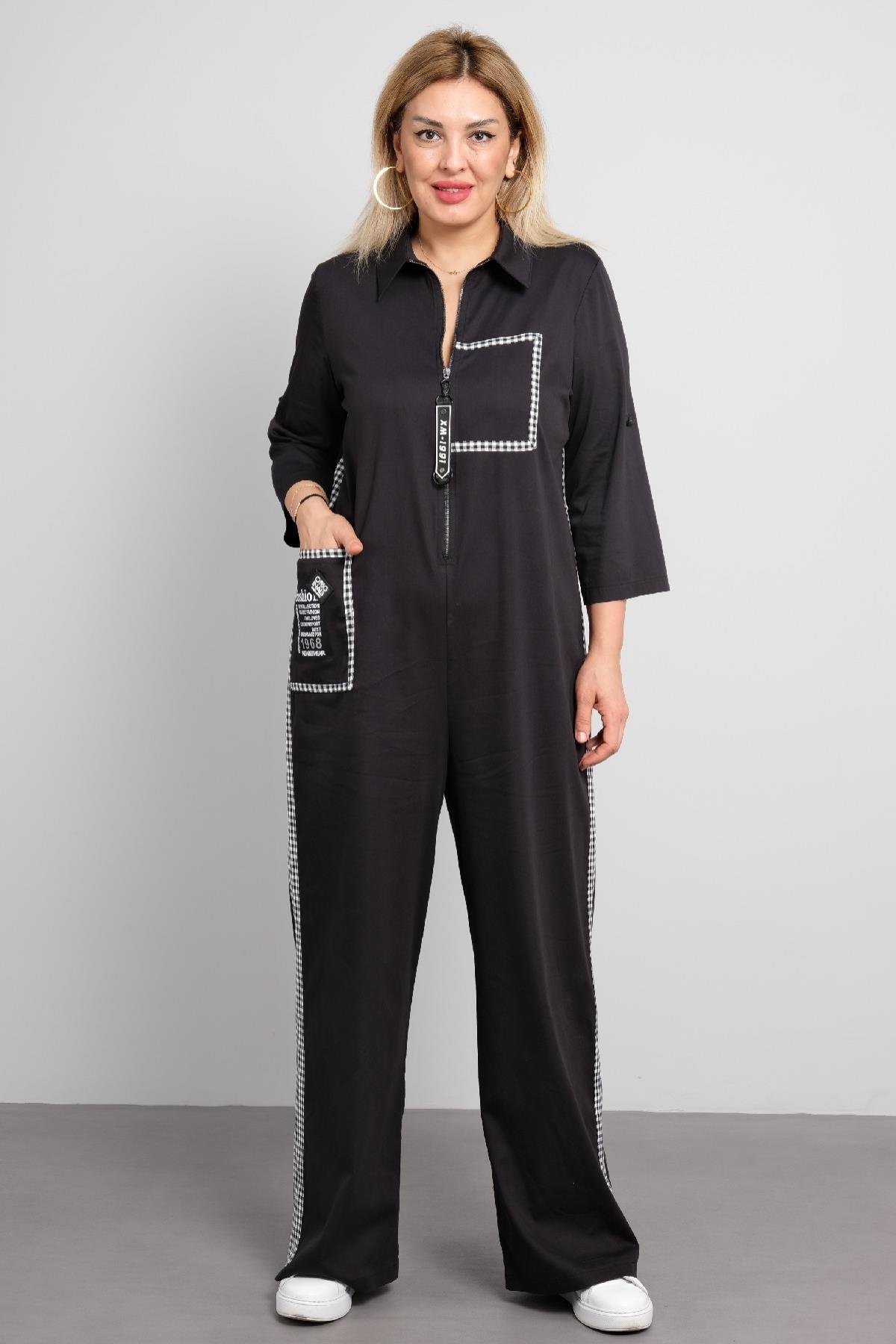 Fermuarlı çizgili cepli tulum