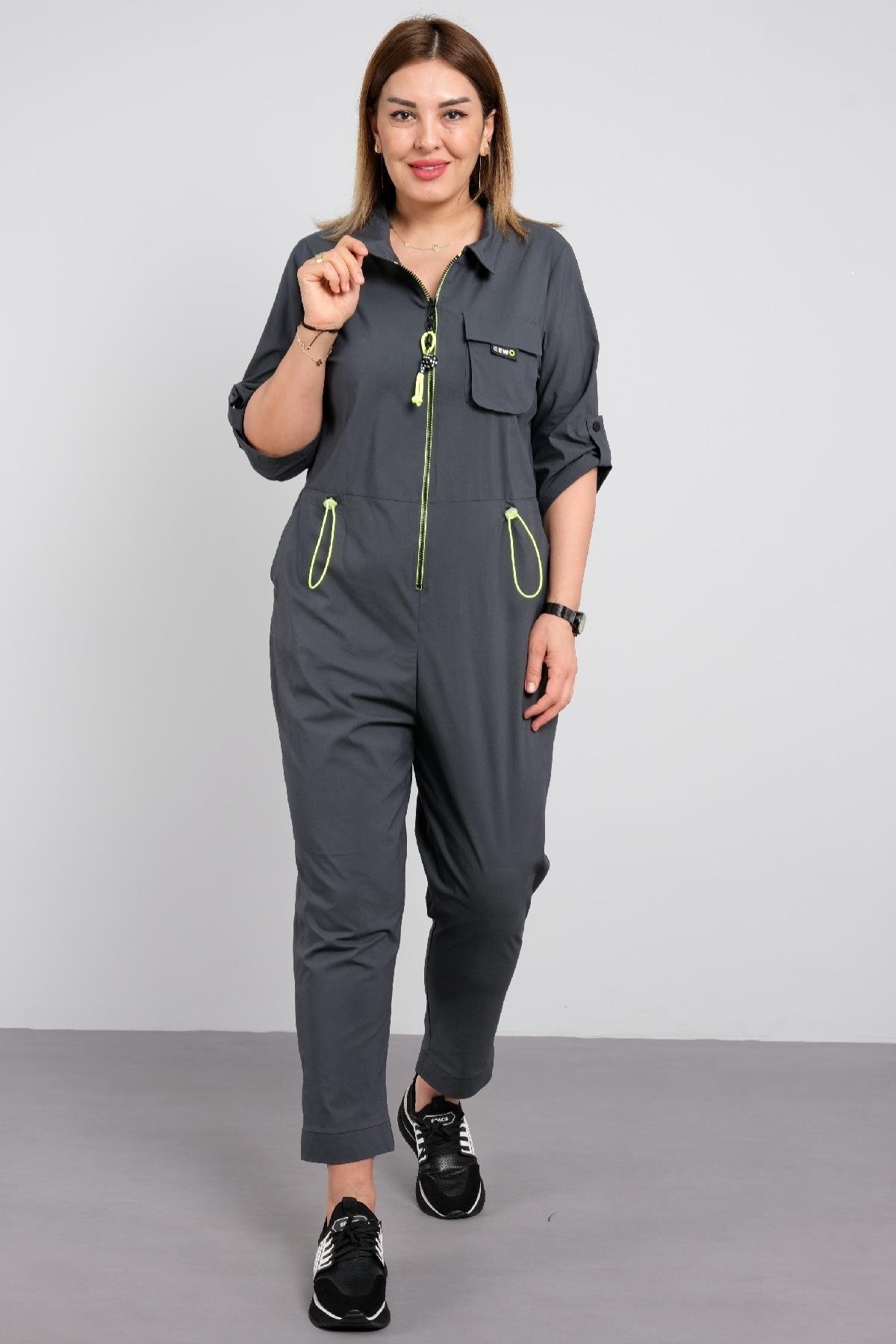 Fermuarlı çizgili cepli tulum