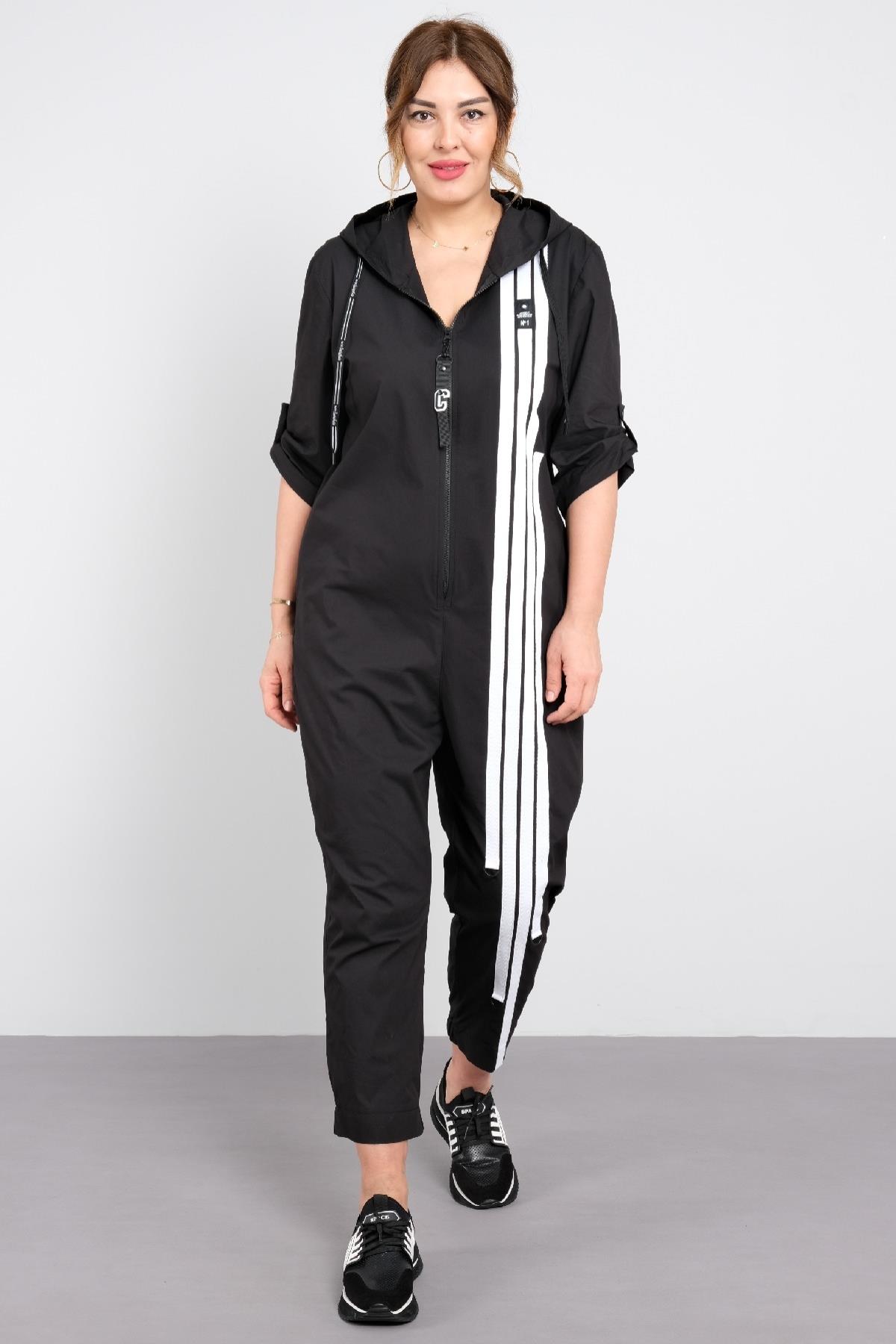 Fermuarlı çizgili cepli tulum