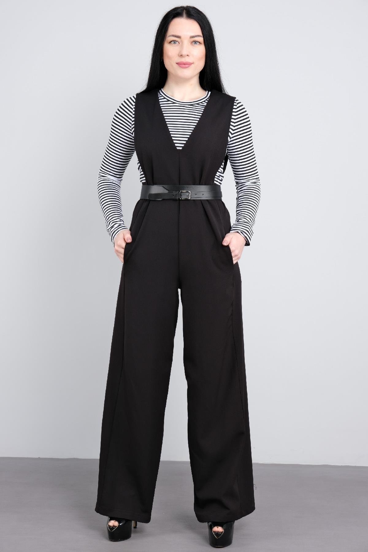 Kemer detaylı ve çizgili tişörtlü kadın elbisesi