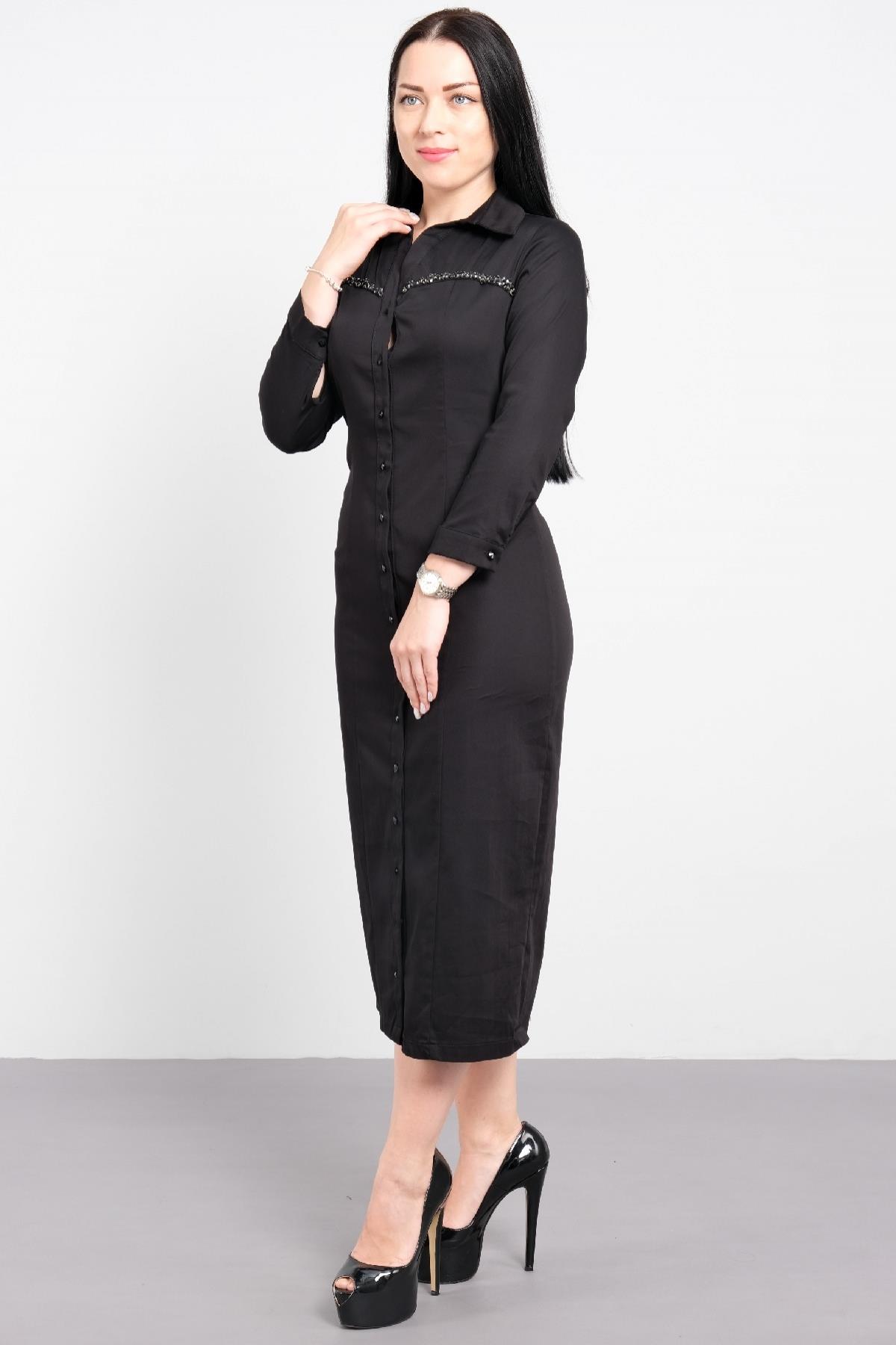 Önü düğmeli cepli uzun kollu uzun elbise