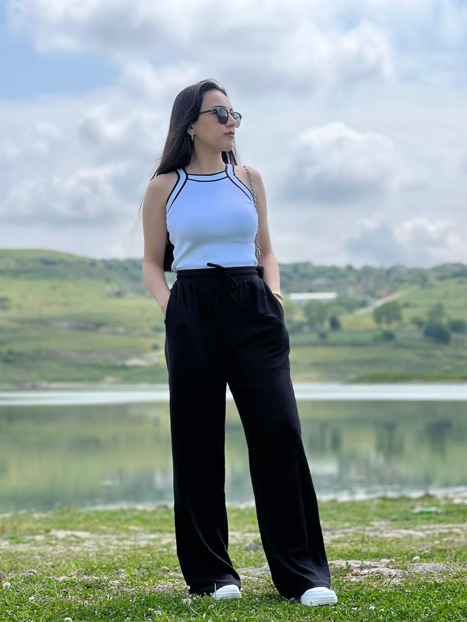 Beli Lastikli Bol Paça Bürümcük Kumaş Pantolon Siyah