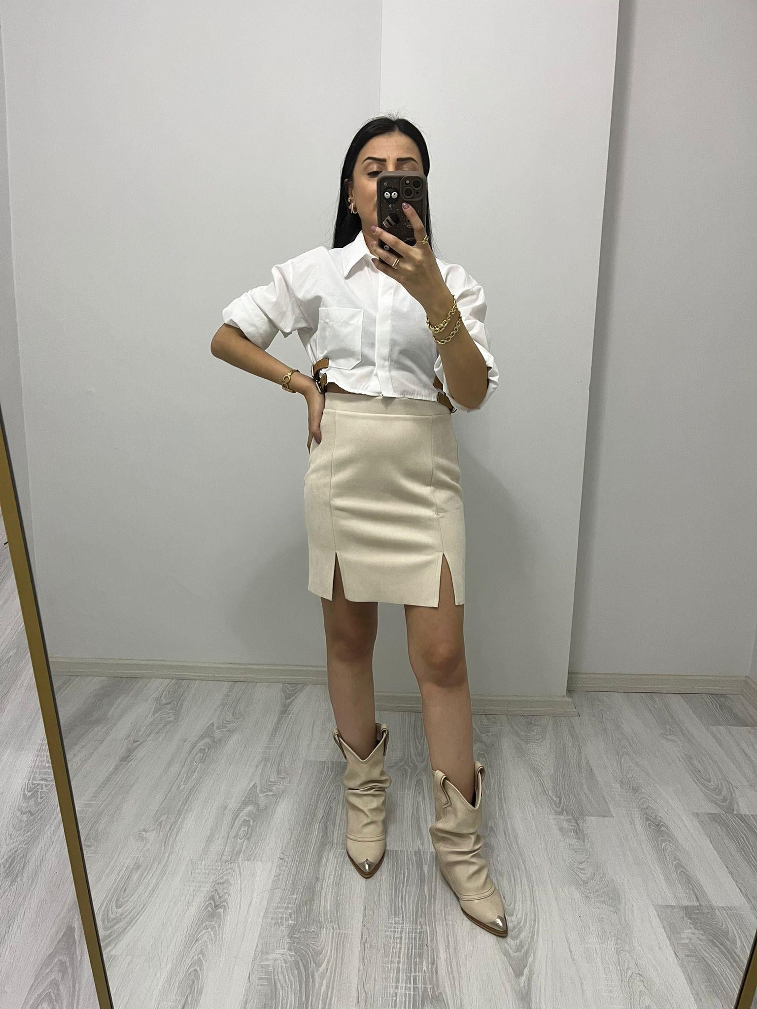 Çift Yırtmaçlı Yandan Fermuarlı Süet Etek Bej