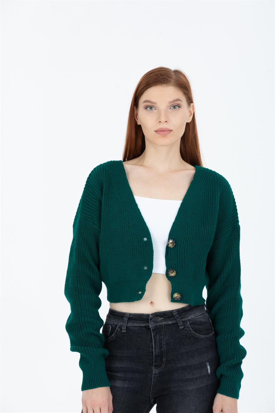 Düğme Detaylı Oversize Crop Hırka Yeşil