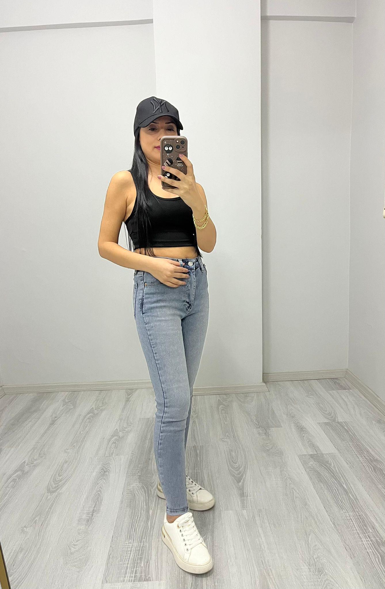 Örme Kumaş Yüksek Bel Dar Paça Jean Açık Mavi