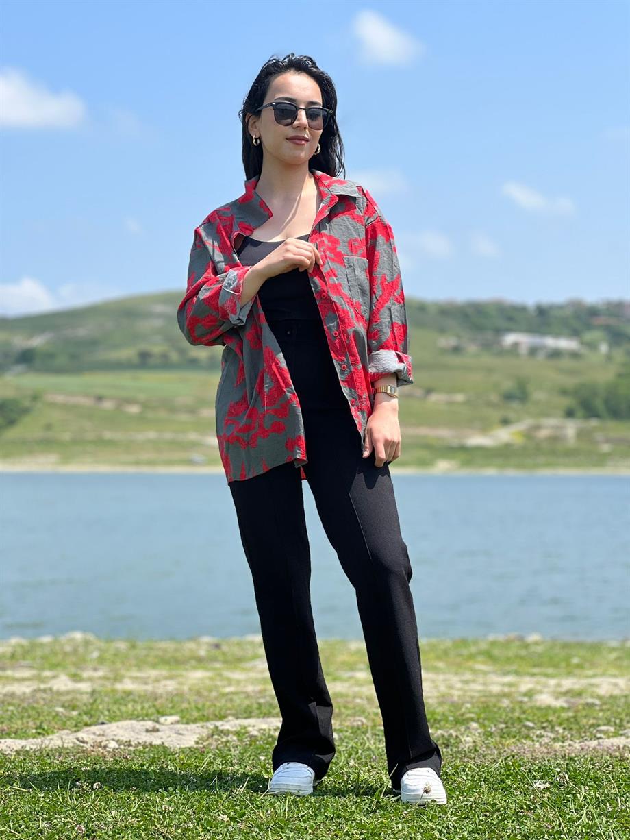 Oversize Baskılı Gömlek Kırmızı