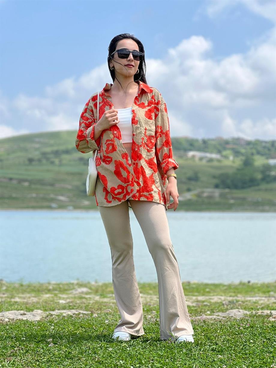 Oversize Baskılı Gömlek Turuncu