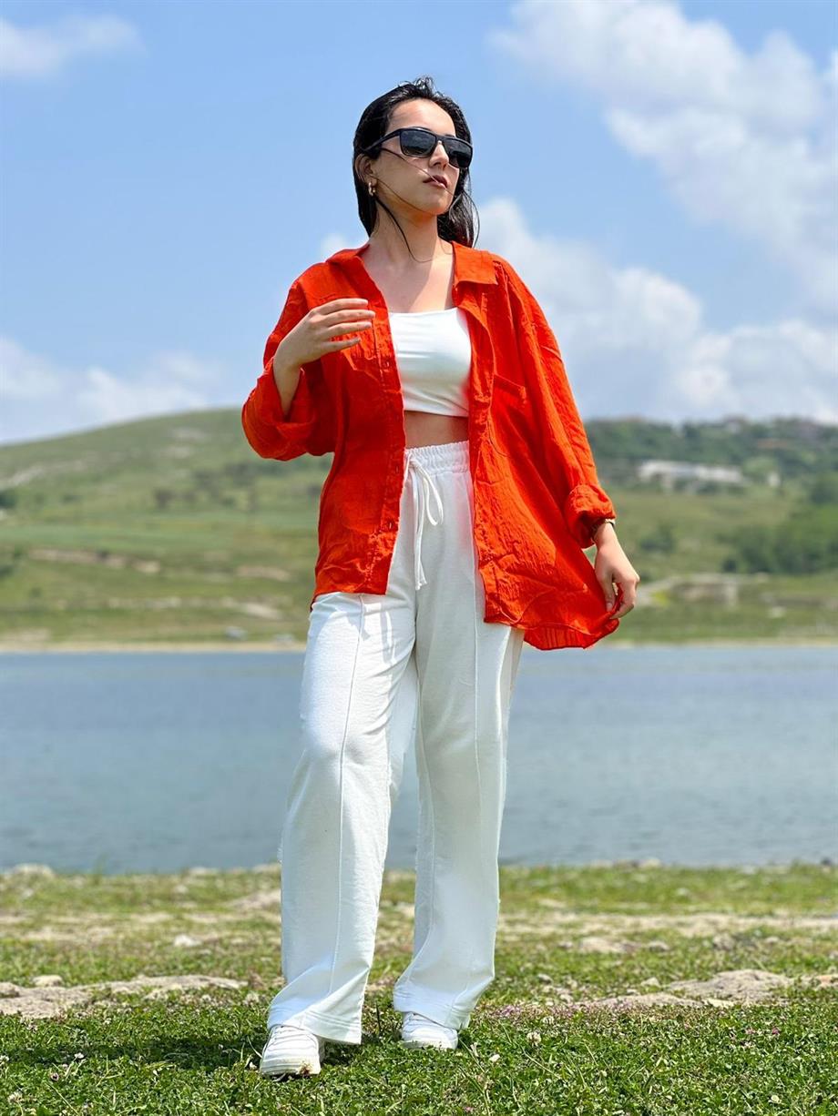 Oversize Çizgili Büyük Yaka Gömlek Turuncu