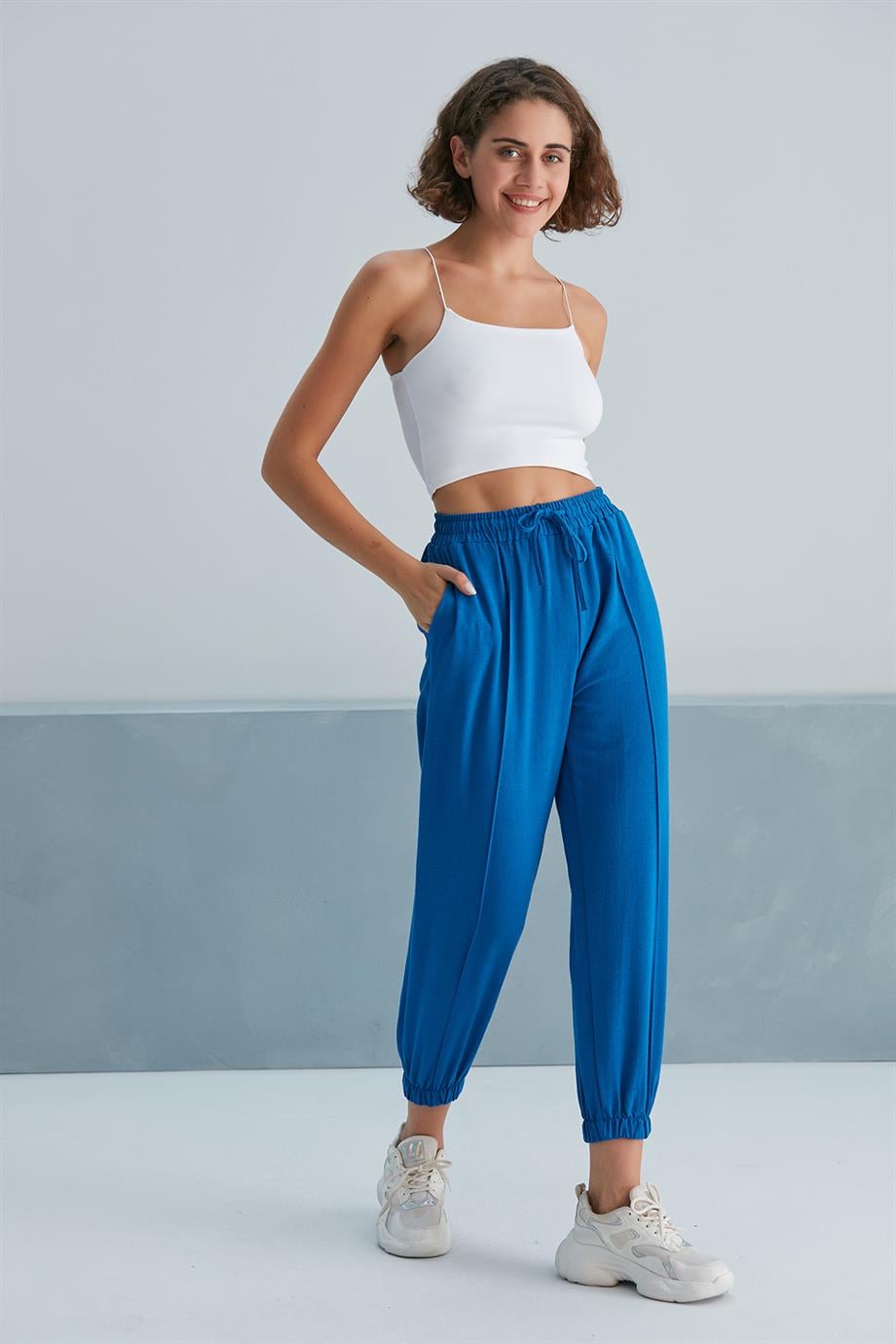Paça Ve Beli Lastikli Keten Pantolon Mavi