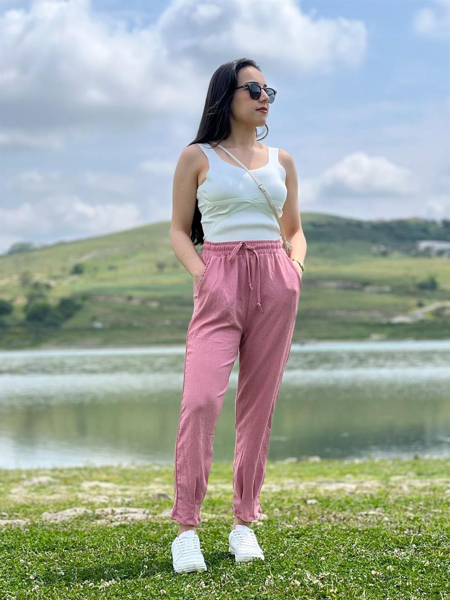 Paçası Pensli Beli Lastikli Bürümcük Kumaş Pantolon Pembe