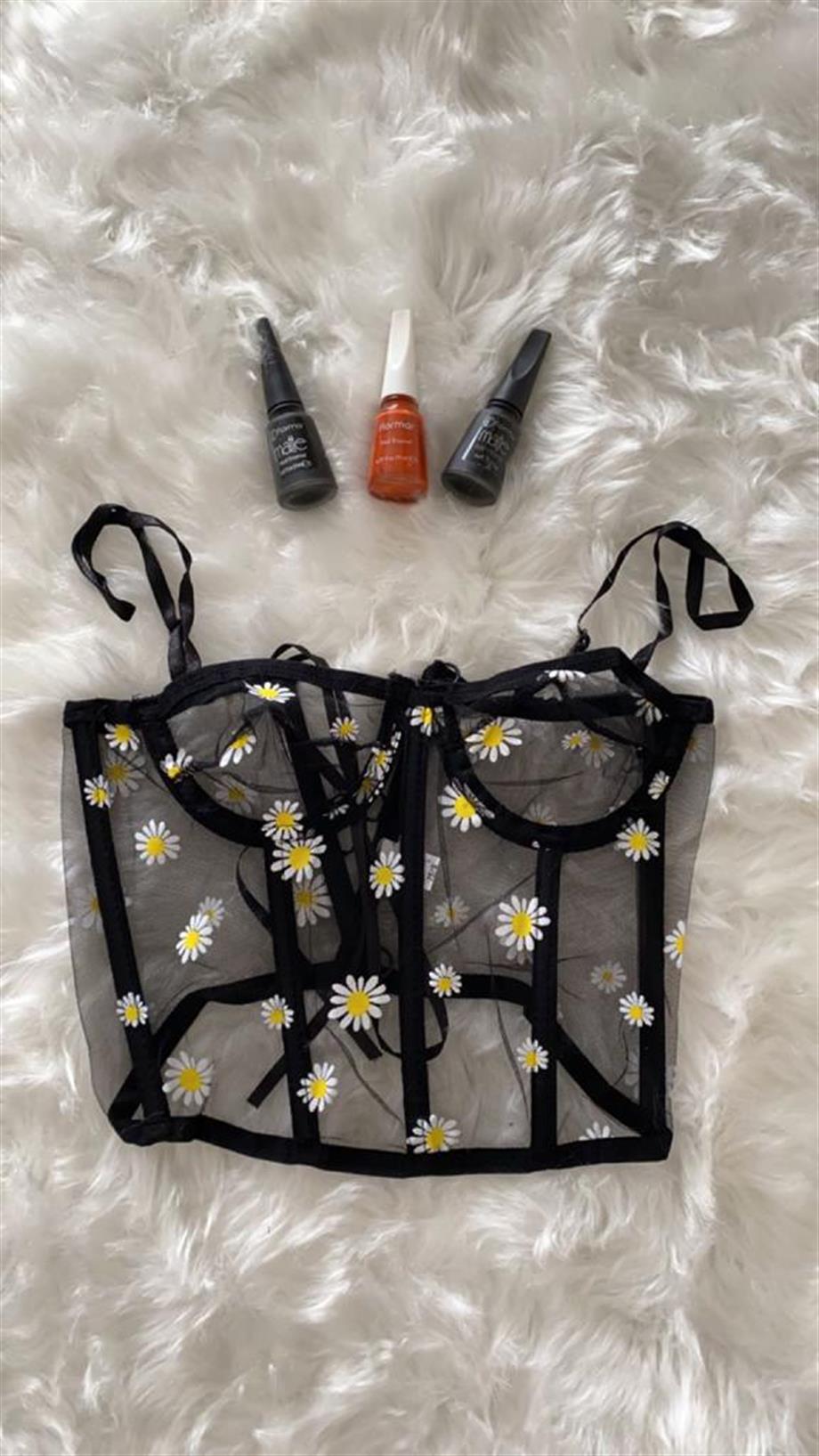 Papatya Desenli Transparan Askılı Büstiyer Siyah