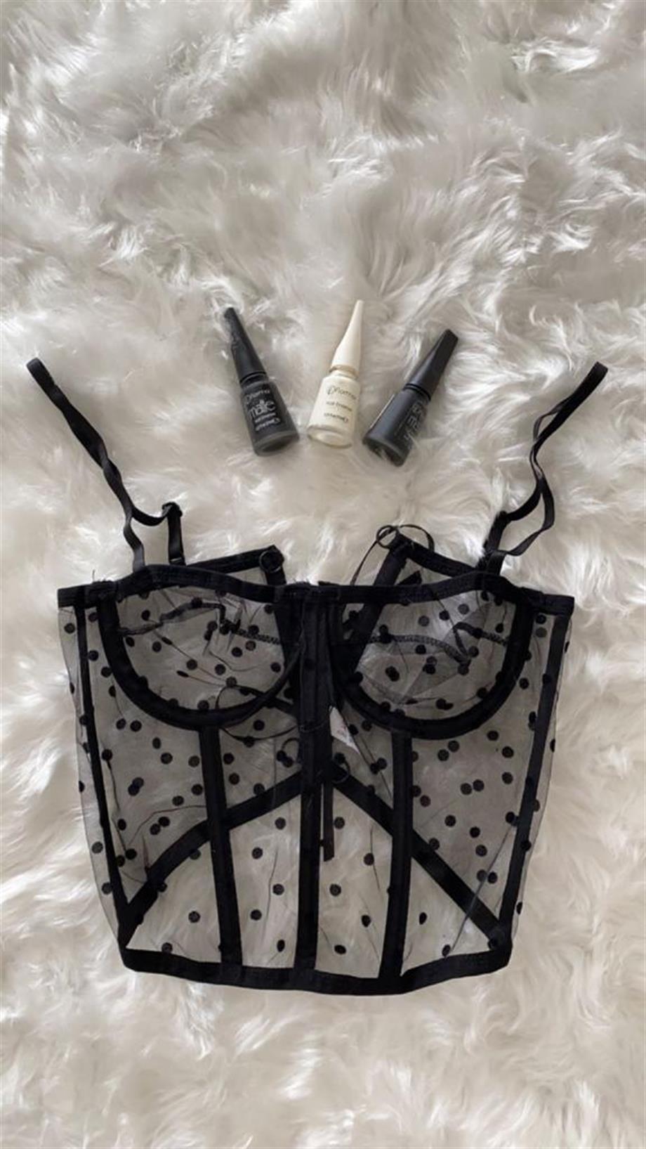 Puantiyeli Transparan Askılı Büstiyer Siyah